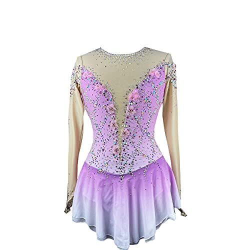 Sparkling Rhinestone Long Sleeve Figure Skating Dress for Girls & Women - Elegant Round Neck Gymnastics Costume with Matching Skirt | Perfect for Ice Skating Competitions, Performances and Dance Recitals