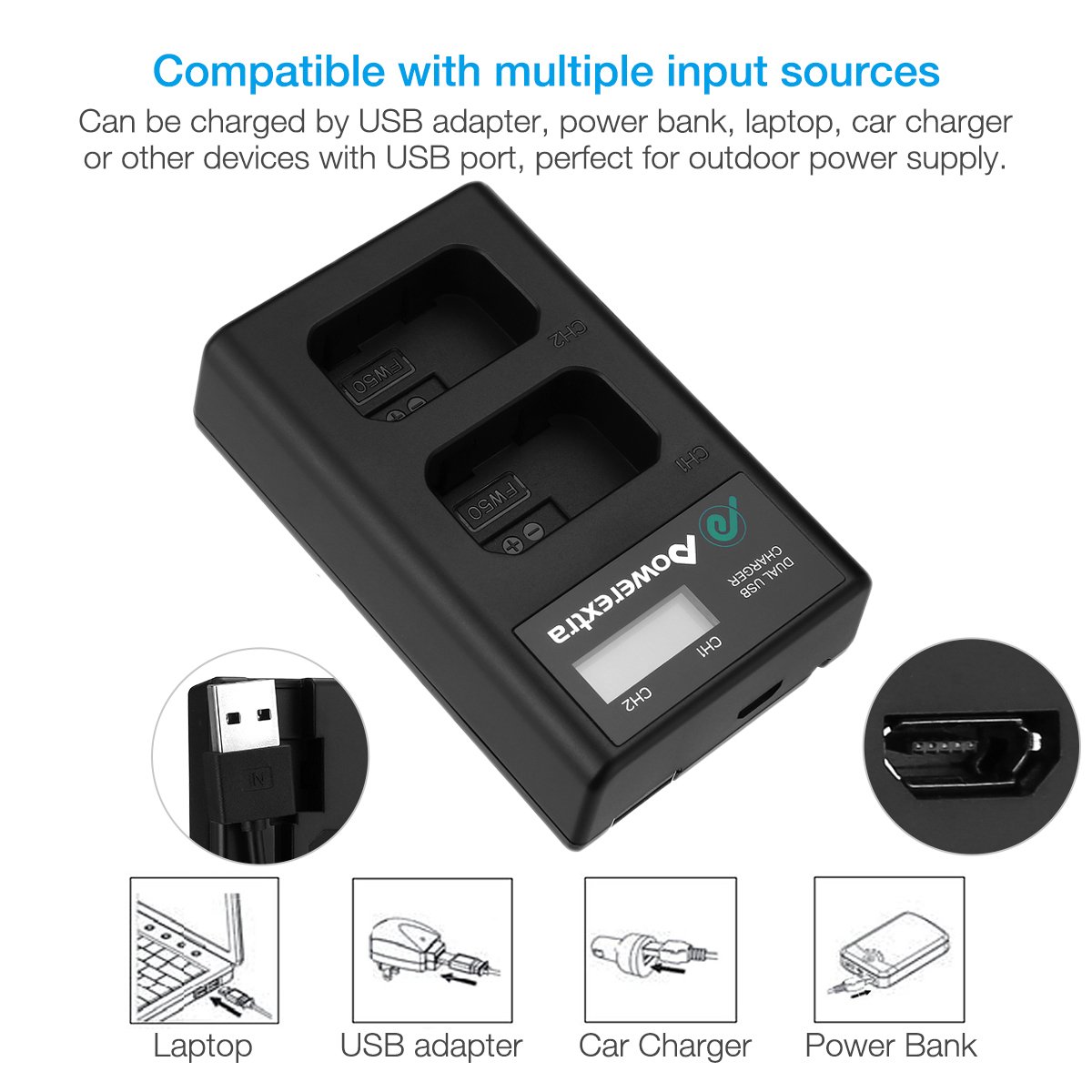 Powerextra 2-Pack NP-FW50 Replacement Batteries with Smart LCD Dual USB Charger for Sony Alpha a6500 a6300 a6000 a7 a7s a5100 a5000 a7r a7 II - Perfect for Travel Photography & Vlogging Accessories