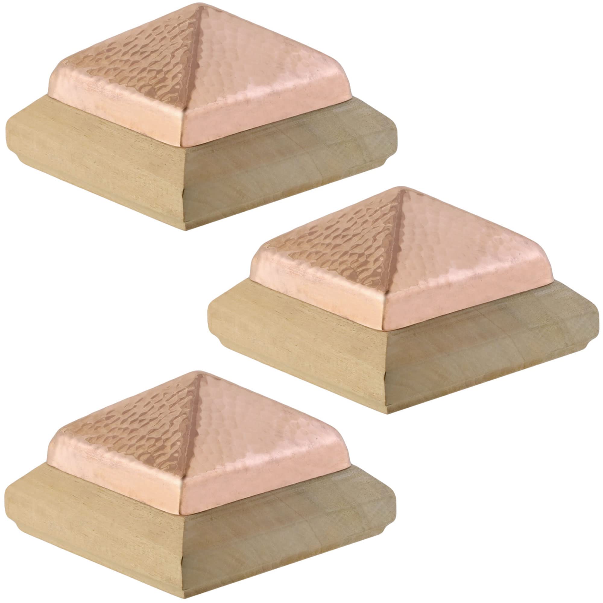 4x4 Traditional Flat Wood Post Caps with Hammered Copper Pyramid (3-Pack) - One-Piece Miterless Design for Fence & Deck Protection (3.5 Inch) - Weatherproof Outdoor Post Toppers for Porch, Garden & Patio Decor