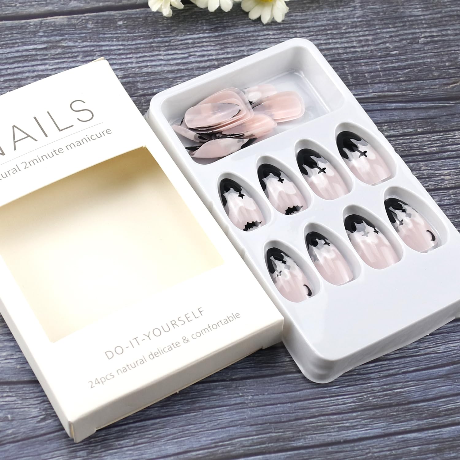 24pcs Halloween Press on Nails Short Black Almond Fake Nails - Full Cover Acrylic False Nails with Glue for Manicure Decor | Perfect for Halloween Parties, Cosplay & Daily Wear