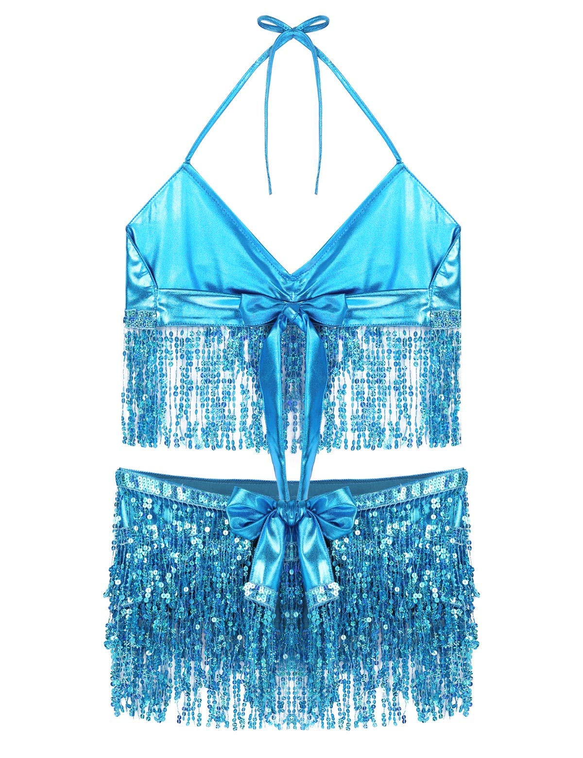 Yeahdor Women's Sequin Tassel Belly Dance Costume Set - Halter Crop Top & Hip Scarf Wrap Skirt for Latin, Salsa, Zumba, and Performance Dance Outfits