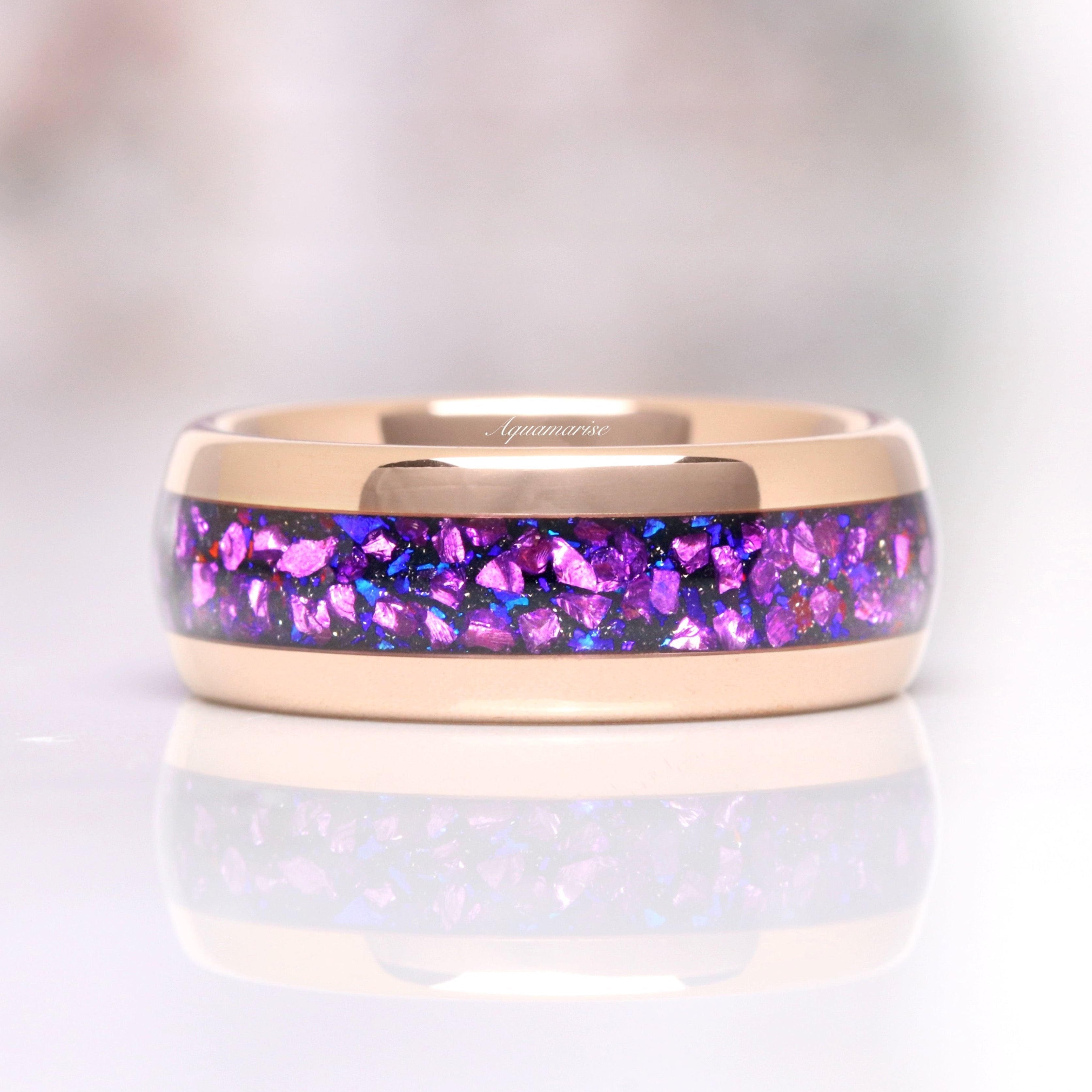 8MM Rose Gold Tungsten Wedding Band for Men & Women - Amethyst & Starry Night Design, Durable Comfort Fit Ring for Engagement, Anniversary, and Everyday Wear