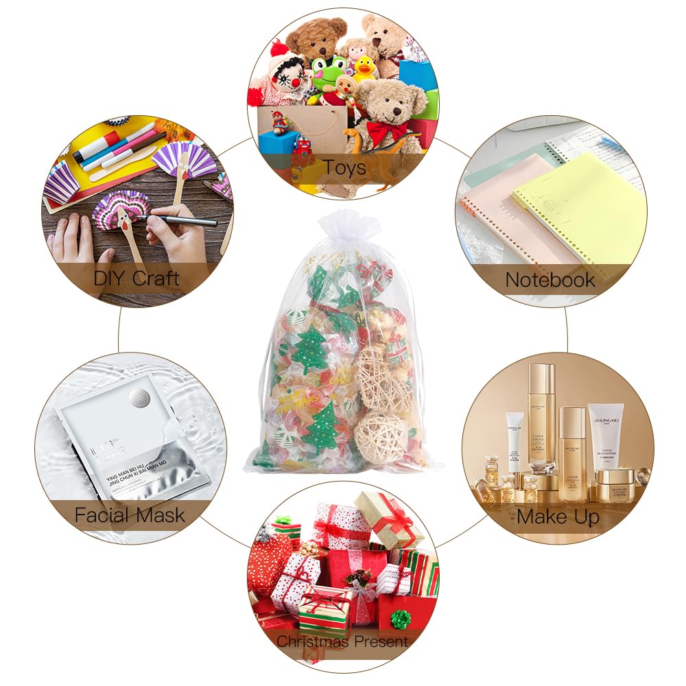 50 PCS White Sheer Organza Drawstring Bags 8x12 Inch - Wedding Favor Bags, Party Gift Bags, Christmas Candy Bags, Fruit Protection Mesh Bags for Birthdays, Baby Showers & Special Events