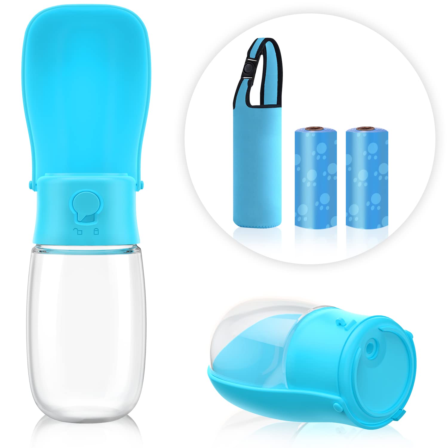 Foldable Dog Water Bottle with Waste Bag & Pet Cup - Portable Leak Proof Pet Drinking Dispenser for Dogs, Cats & Small Animals - BPA Free Food Grade - Ideal for Outdoor Walking, Hiking & Travel (Blue, 19oz)