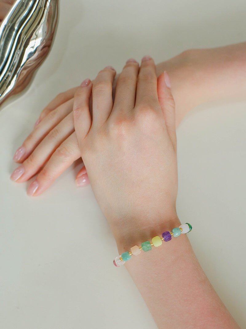 Rainbow Candy Cube Gemstone Beaded Bracelet for Women - Colorful Stretch Beaded Bracelets for Teen Girls - Perfect for Parties, Gifts & Everyday Wear