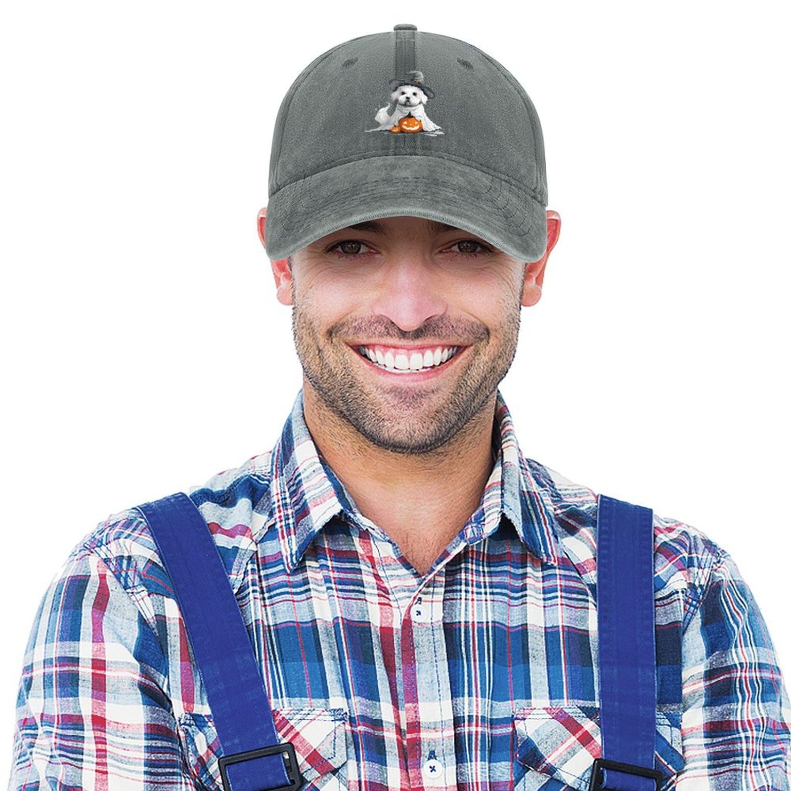 Vintage Halloween Ghost Dog Baseball Cap - Denim Trucker Hat for Men & Women - Perfect for Costume Parties, Golf, Gaming & Casual Wear