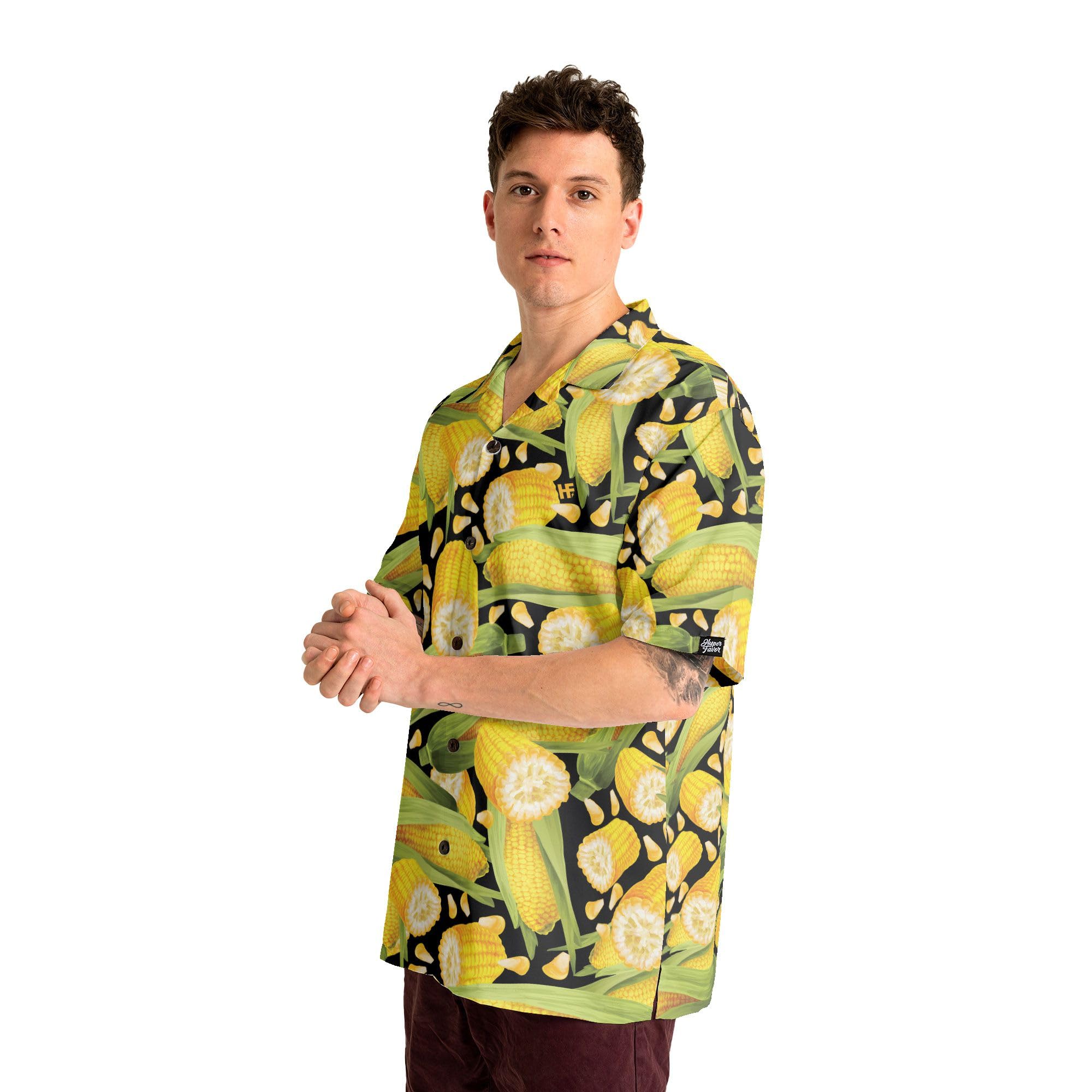 HYPERFAVOR Corn Print Hawaiian Shirt for Men & Women - Short Sleeve Corn on Cob T-Shirt - Fun Corn Lover Gift for Summer Parties, BBQ & Tropical Vacations