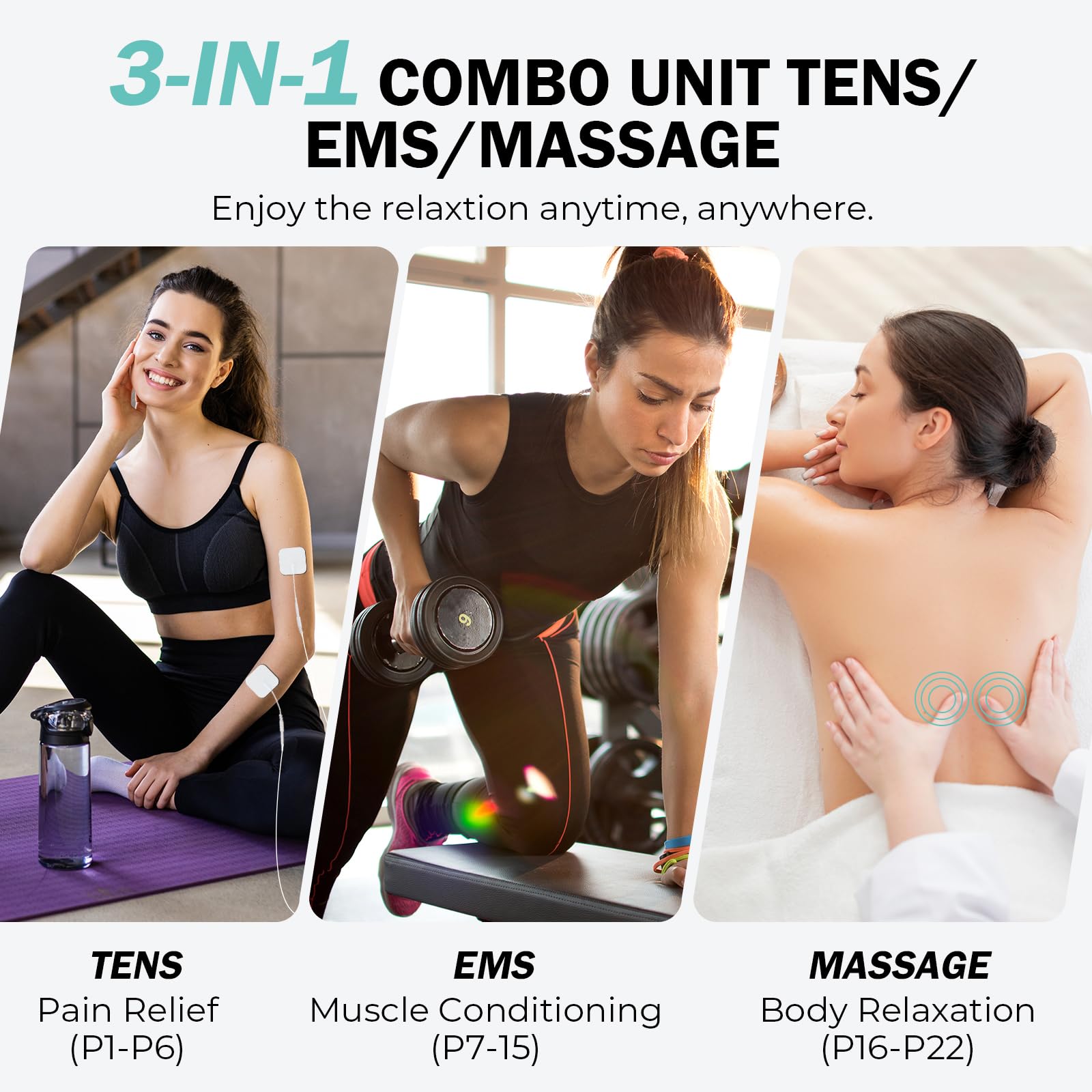 NURSAL 3-in-1 TENS Unit Muscle Stimulator Machine with Dual Channel EMS, 40 Intensity Levels for Pain Relief Therapy - Portable Electronic Pulse Massager for Back, Neck, Shoulder & Muscle Recovery at Home or Gym
