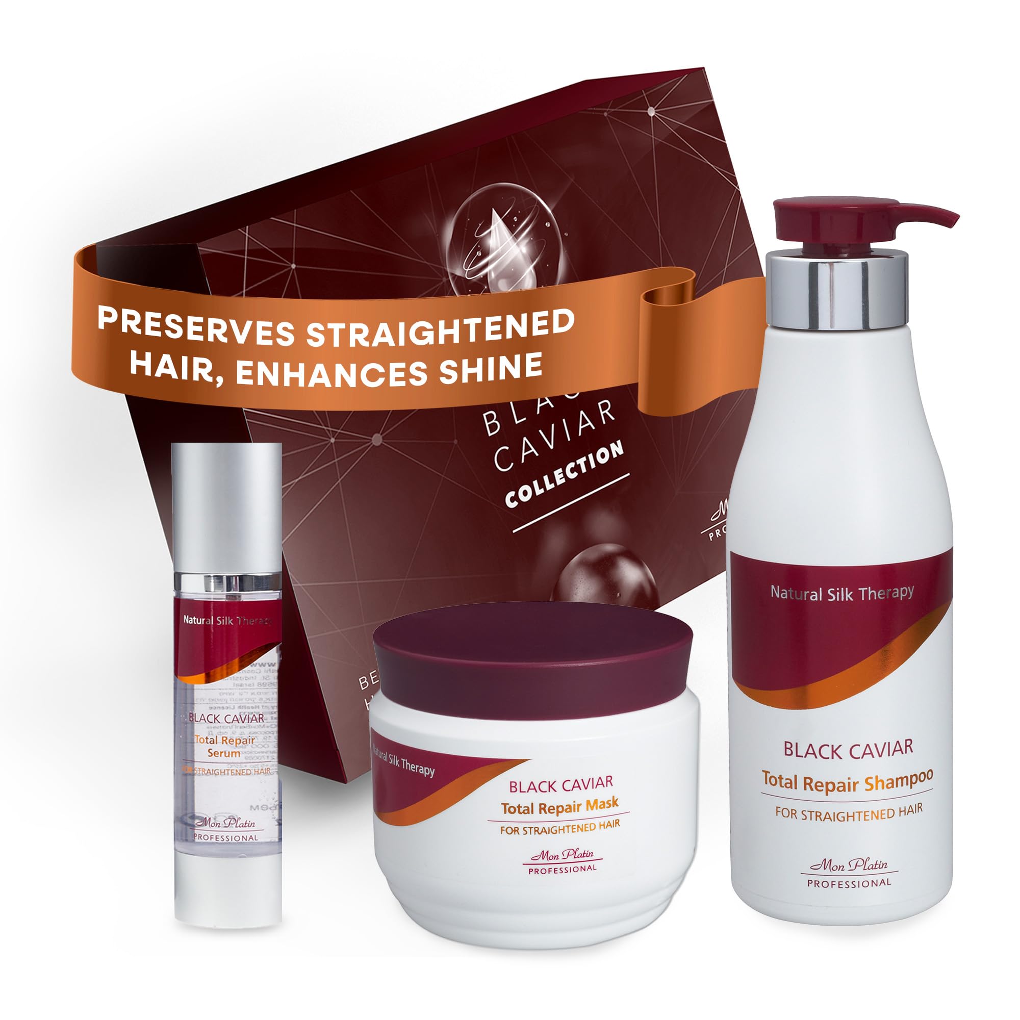 Mon Platin Total Repair Hair Mask, Shampoo & Serum Set - Salt-Free Deep Conditioning Treatment with Black Caviar & Royal Jelly for Smooth, Strong, Shiny Straight Hair | Professional Salon-Quality Hair Care for Damaged & Frizzy Hair at Home