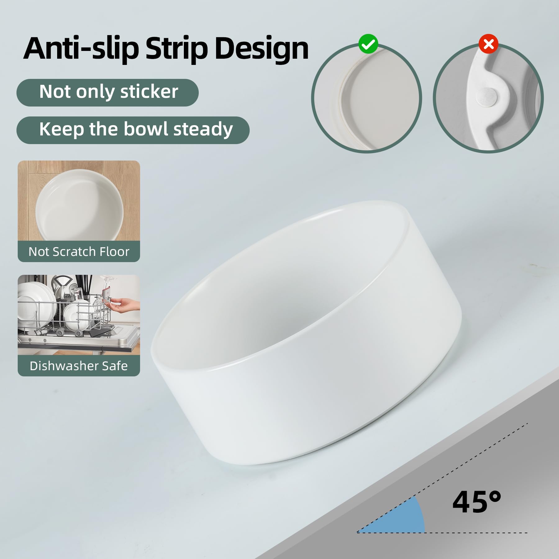 Non-Slip Ceramic Dog Food and Water Bowl for Large Dogs - 8 Inch White Pet Dish with Spine Protection - Perfect for Mealtime, Travel & Home Use