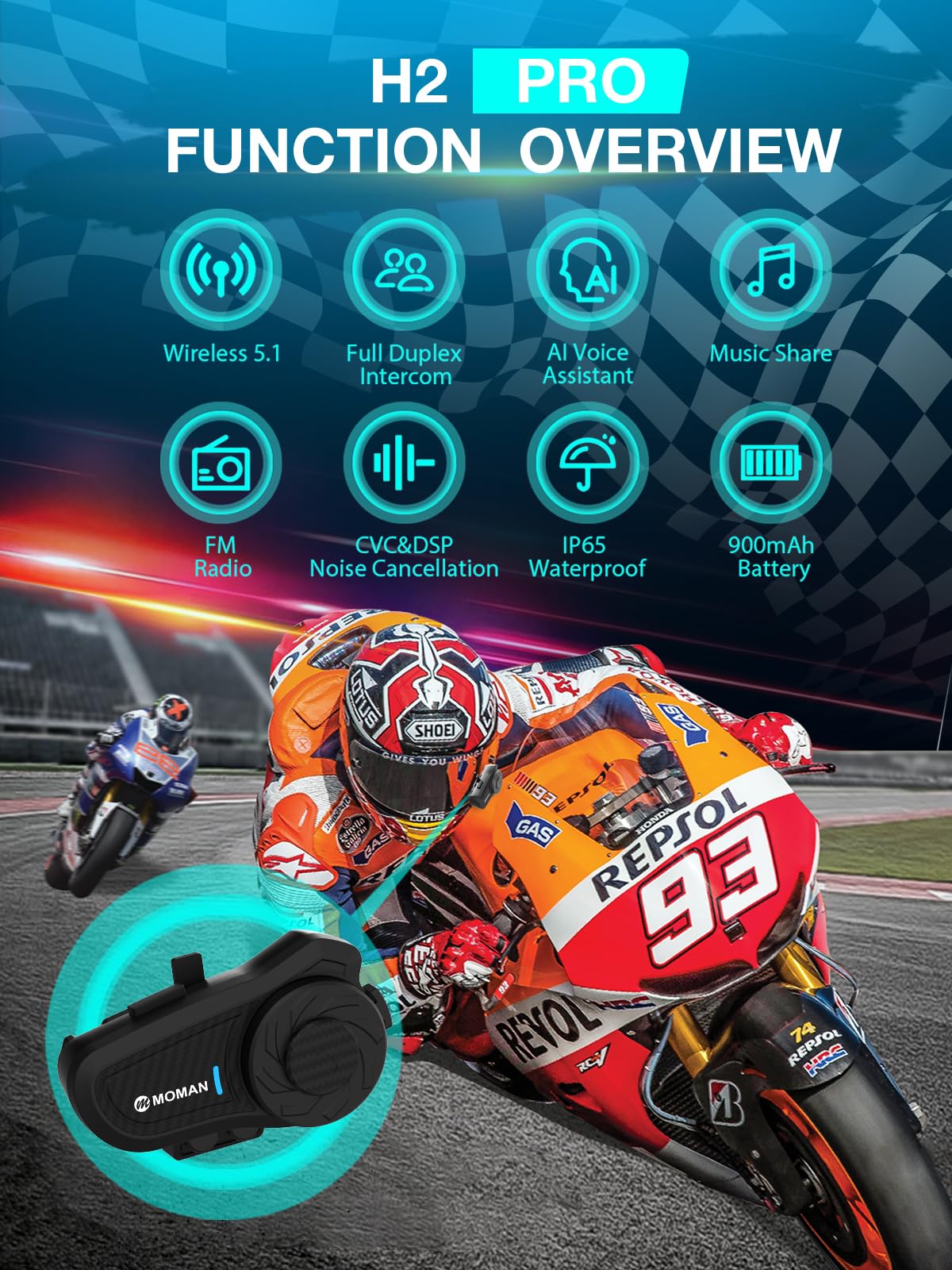 Moman H2 Pro Motorcycle Bluetooth Intercom Headset - Wireless Helmet Communication System with DSP/CVC Noise Cancellation, IP65 Waterproof, 1000M Range - Ideal for Group Riding, Touring & Adventure Motorcycling