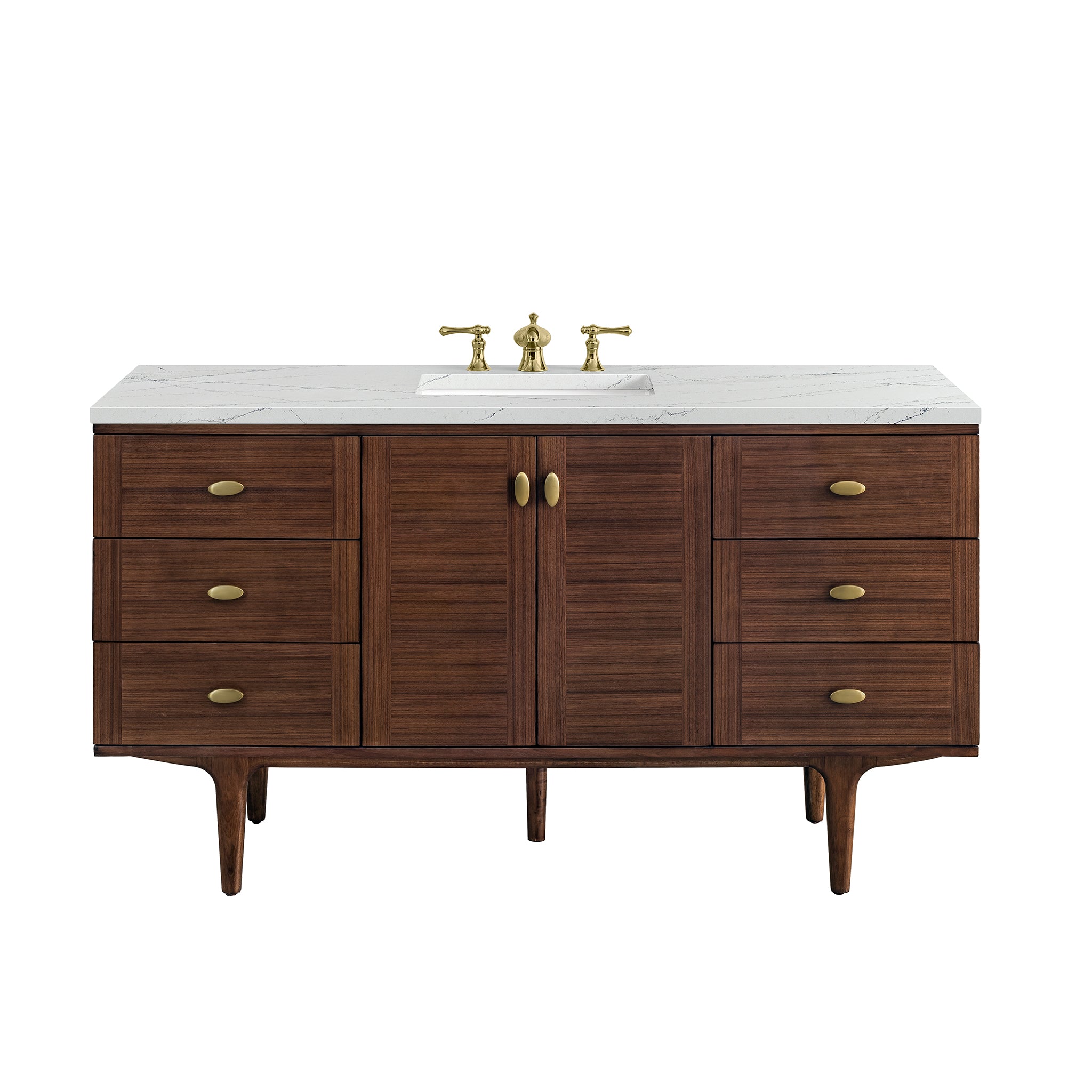 Amberly 60 Inch Single Bathroom Vanity with Mid Century Walnut Finish & 3CM Ethereal Noctis Stone Top - Perfect for Modern Farmhouse or Contemporary Bathroom Design