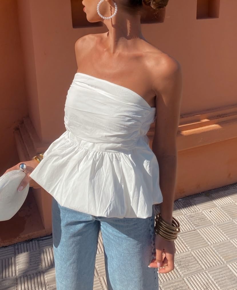 Women's Bubble Tube Top with Ruffle Hem - Off Shoulder Crop Shirt | Cute Puffy Bandeau Y2K Summer Sleeveless Tops for Beach, Party & Casual Outfits