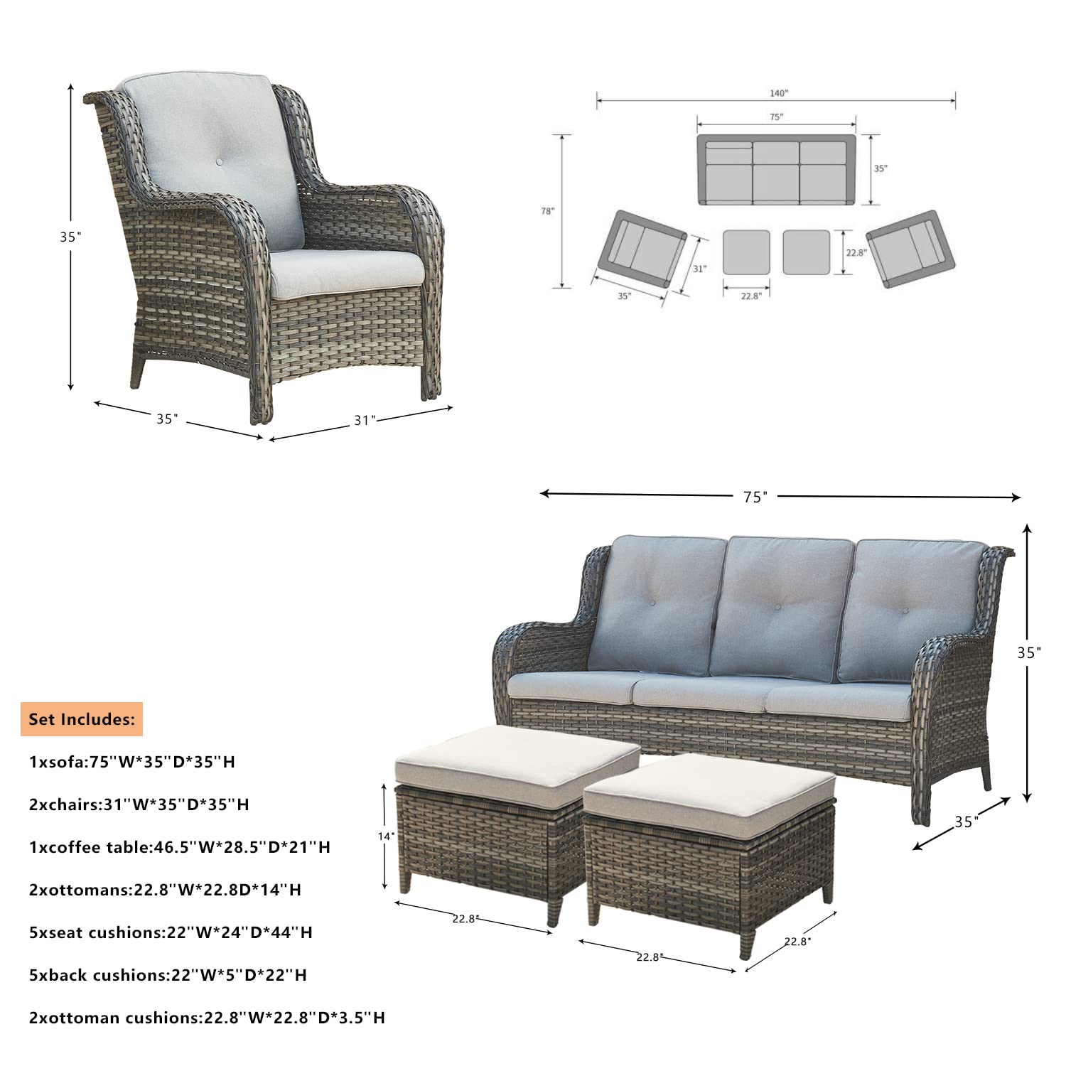 6-Piece Outdoor Patio Wicker Furniture Set - Rattan Sectional Sofa with 3-Seat Couch, 2 Armchairs, 2 Ottomans & Glass Coffee Table - Grey Patio Conversation Set for Backyard, Garden or Poolside Relaxation