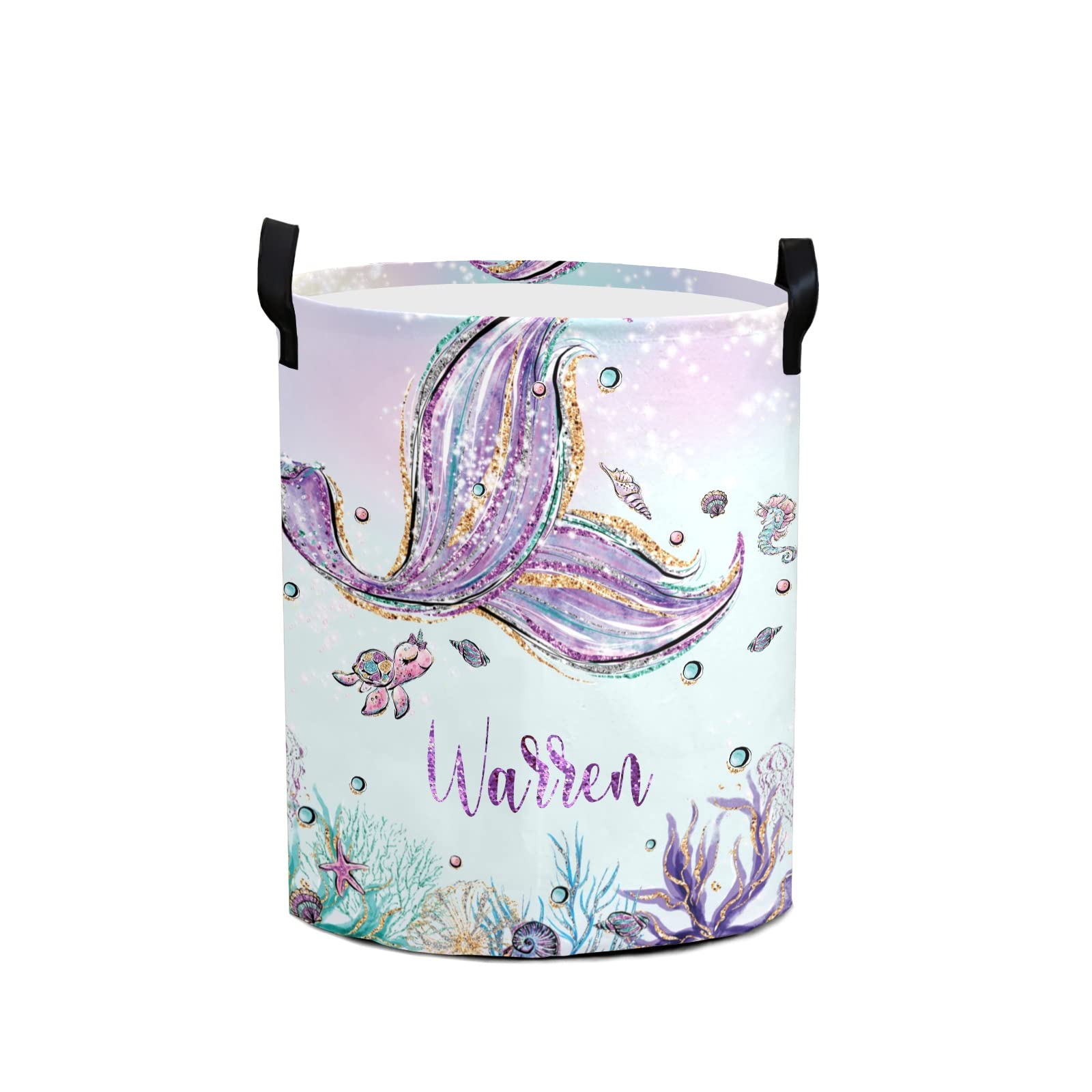 **Personalized Sea Turtle Mermaid Tail Laundry Basket - Waterproof & Collapsible Clothes Hamper with Handles, Large Capacity Storage for Bedroom, Bathroom, Kids Room & Beach Decor**    *(Perfect for organizing laundry, storing toys, or adding a fun coastal touch to your home decor!)*