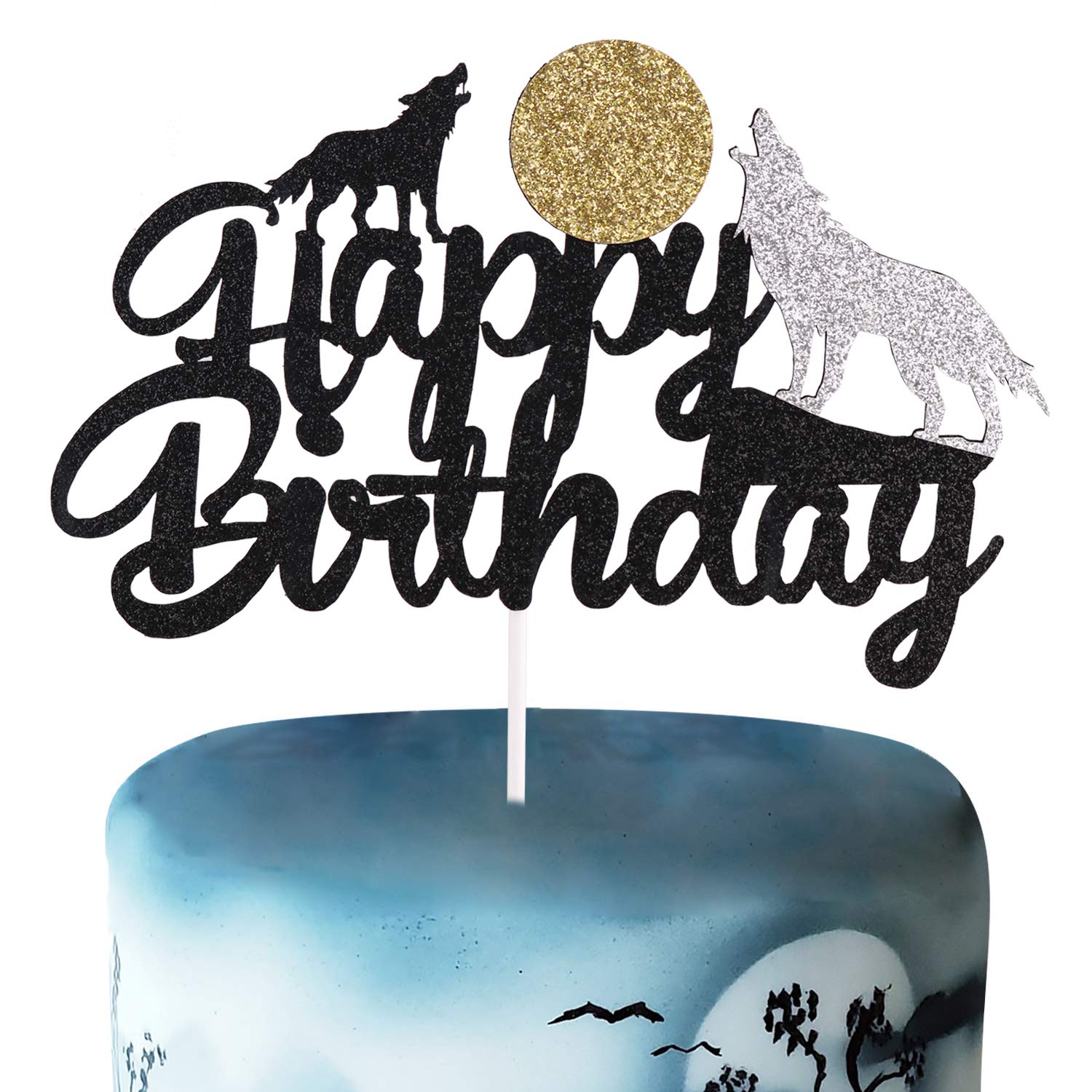 Wolf Cake Topper - Black Glitter Wolf Silhouette for Birthday Cakes | Perfect for Kids, Boys & Girls Birthday Party Decorations | Birthday Supplies for Animal Theme Celebrations