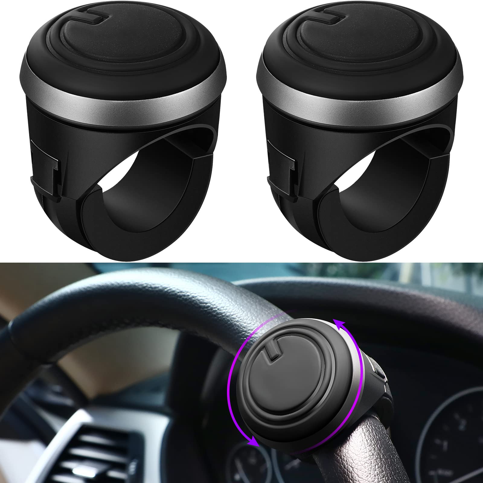 360° Rotating Steering Wheel Spinner Knob - 2 Pack with Silicone Grip & Metal Bearings for Easy Driving - Perfect for Cars, Trucks, Boats & Heavy Equipment - Enhance Maneuverability in Tight Spaces & Parking