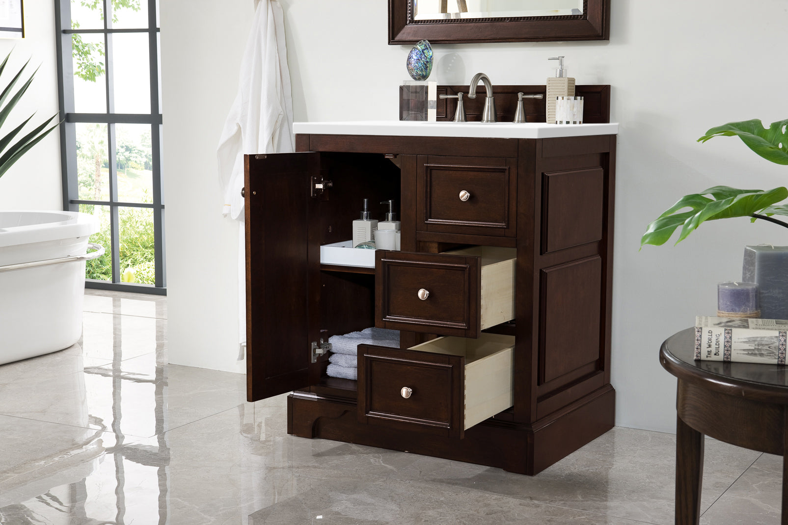 De Soto 30 Inch Single Bathroom Vanity with Burnished Mahogany Finish & 3CM Classic White Quartz Countertop - Perfect for Modern Home Bathroom Renovation and Small Space Design