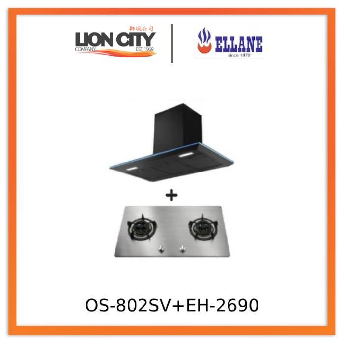 Ellane EH 2690 90cm Black Designer Chimney Hood & Ellane OS 802SV 86cm 2 Burner Stainless Steel Gas Hob Combo - Modern Kitchen Ventilation & Cooking Solution for Home Chefs