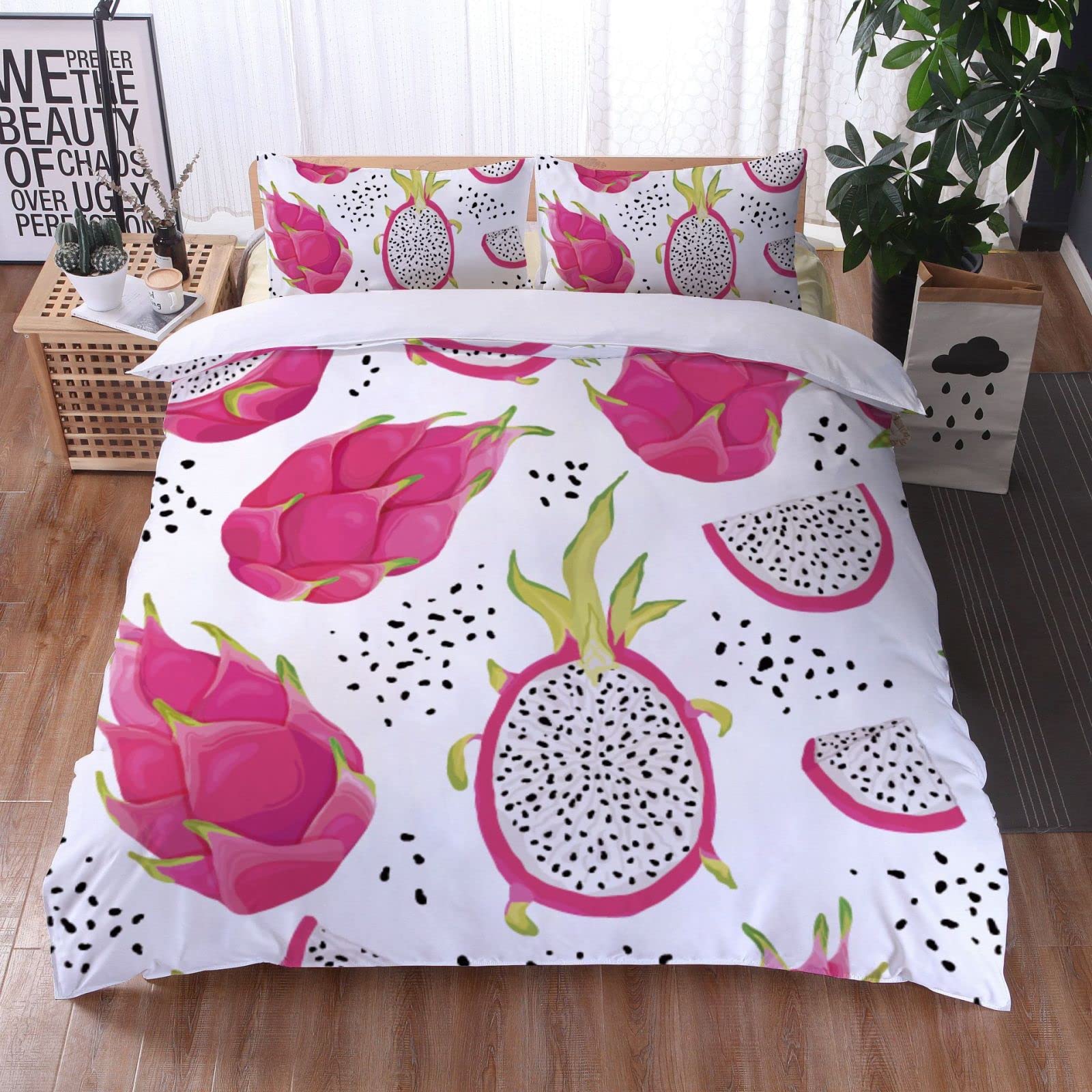 Premium Twin Comforter Set - White Dragon Fruit Print 68