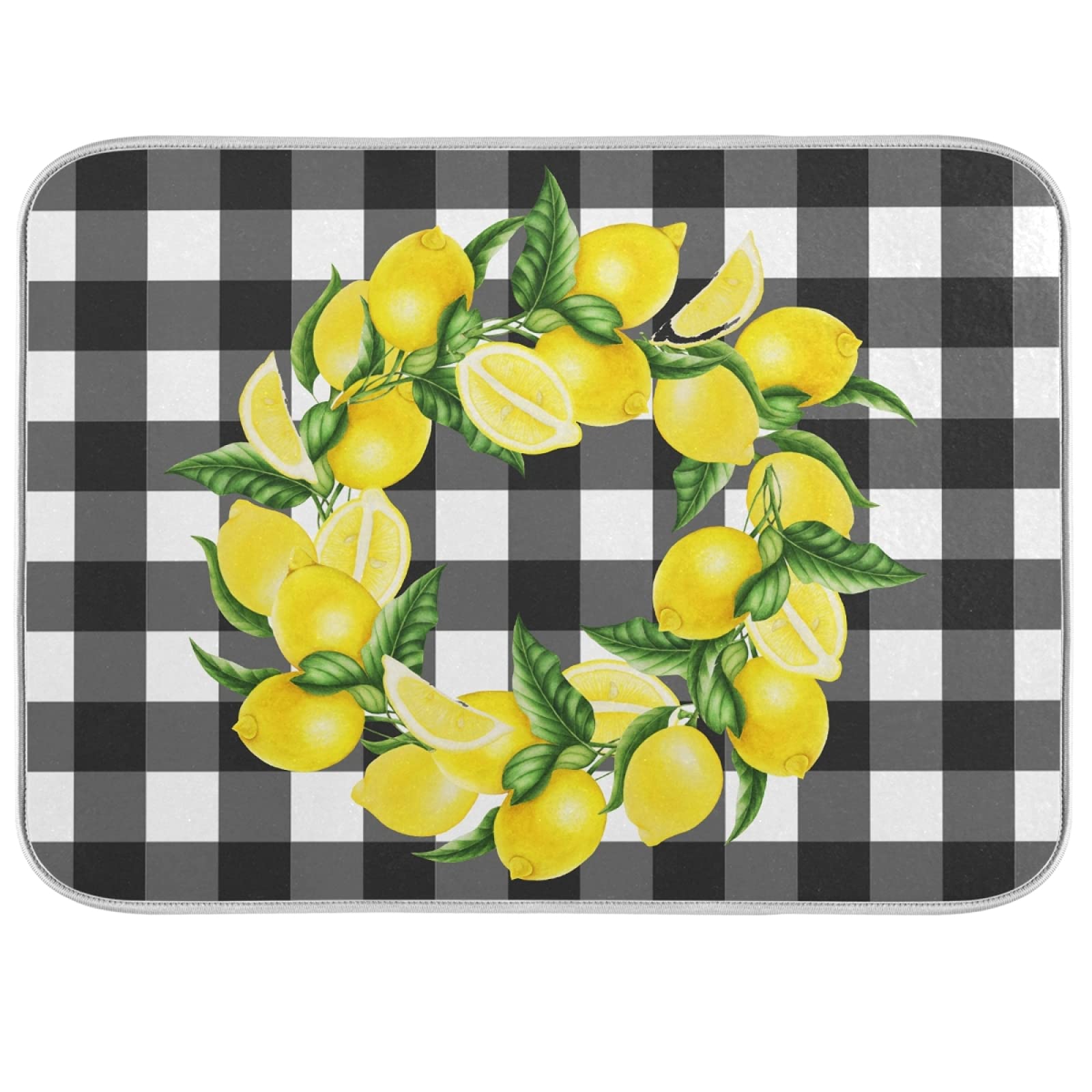 Absorbent Reversible Microfiber Dish Drying Mat - Buffalo Check Plaid Wreath Lemon Design, 18x24 Inch Kitchen Counter Protector & Drying Pad | Perfect for Drying Dishes, Protecting Countertops, and Adding Farmhouse Style to Your Kitchen