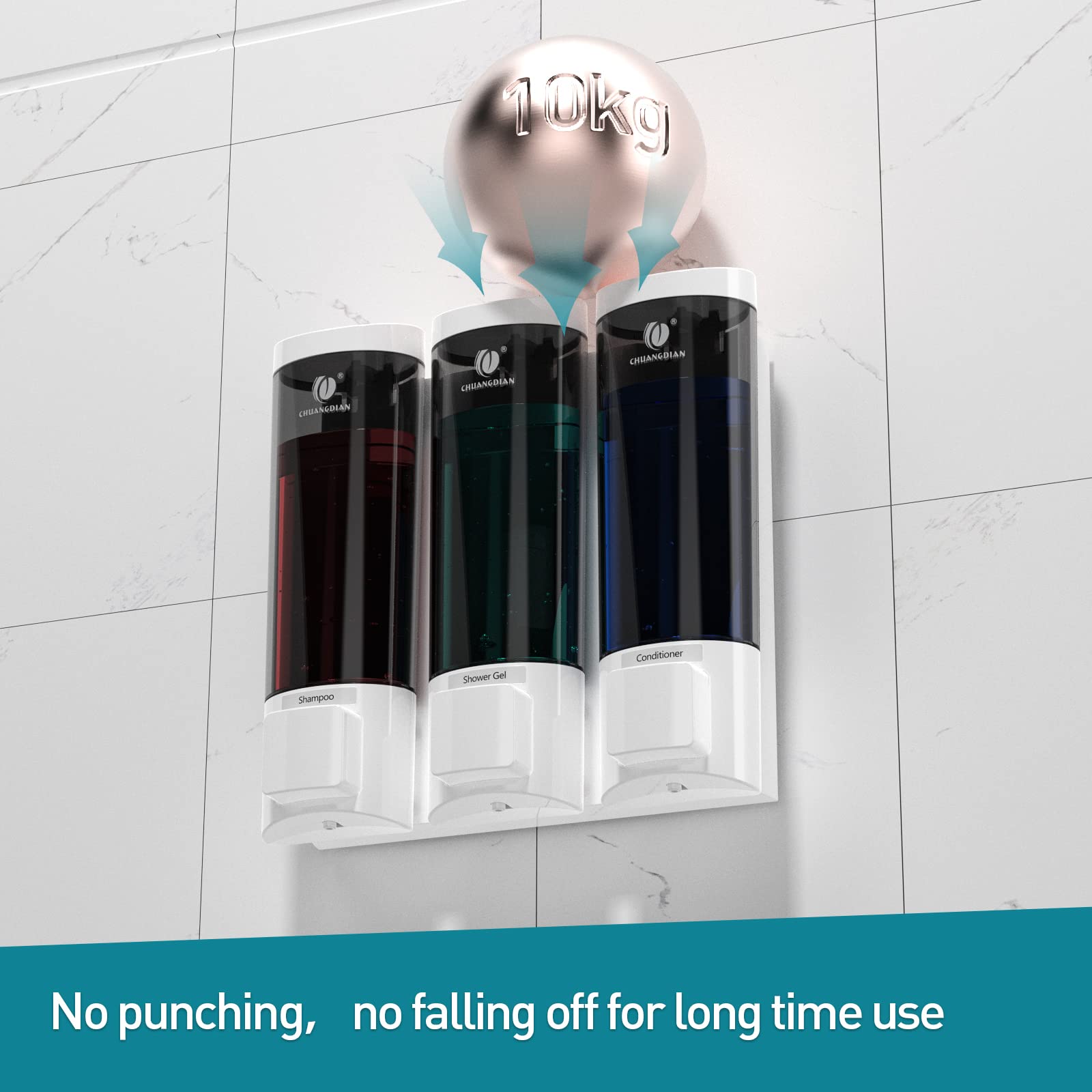 3 in 1 Wall Mounted Shower Soap Dispenser - 200ml x 3 Chambers for Body Wash, Shampoo & Conditioner - No Drill Bathroom Organizer for Home & Hotel Use - Perfect for Spa-Like Showers and Clutter-Free Bathrooms