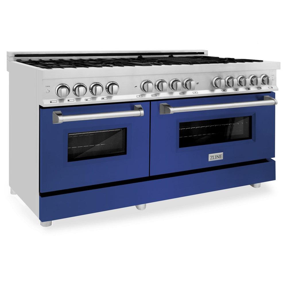ZLINE 60-Inch 7.4 cu.ft Dual Fuel Range with 9-Burner Gas Cooktop & 2 Electric Convection Ovens - Stainless Steel with Blue Matte Doors (RA BM 60) | Professional Kitchen Appliance for Home Chefs & Cooking Enthusiasts
