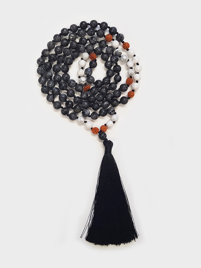 Authentic Labradorite Howlite & Rudraksha Mala Beads for Yoga, Meditation & Spiritual Healing - Handmade Prayer Necklace for Stress Relief & Positive Energy