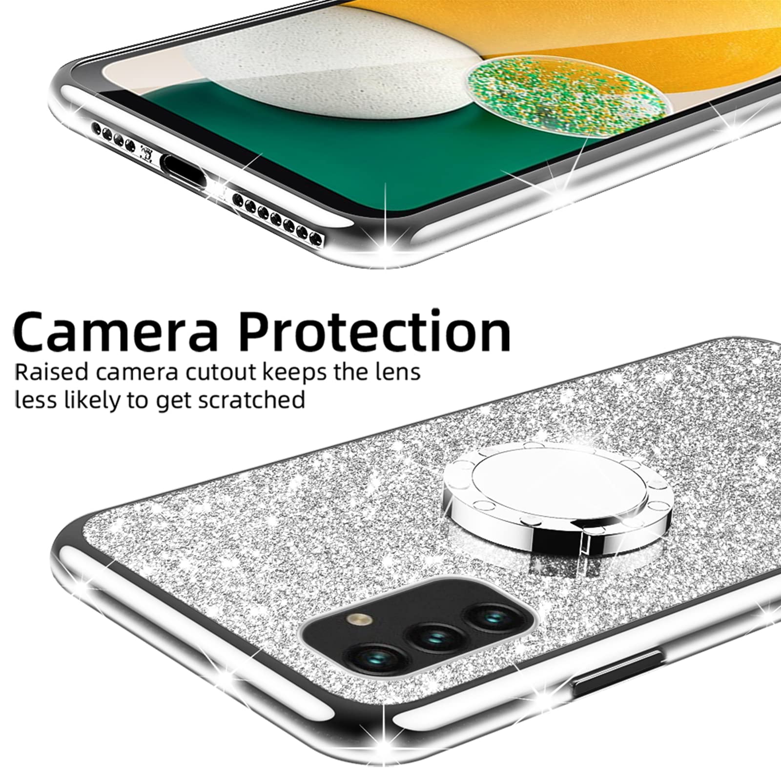 Samsung Galaxy A13 5G/4G Case - Cute Glitter TPU Silicone Cover with Ring Stand & Strap | Shockproof Full Body Protection | Perfect for Women & Girls | Ideal for Daily Use, Work & Travel - Silver
