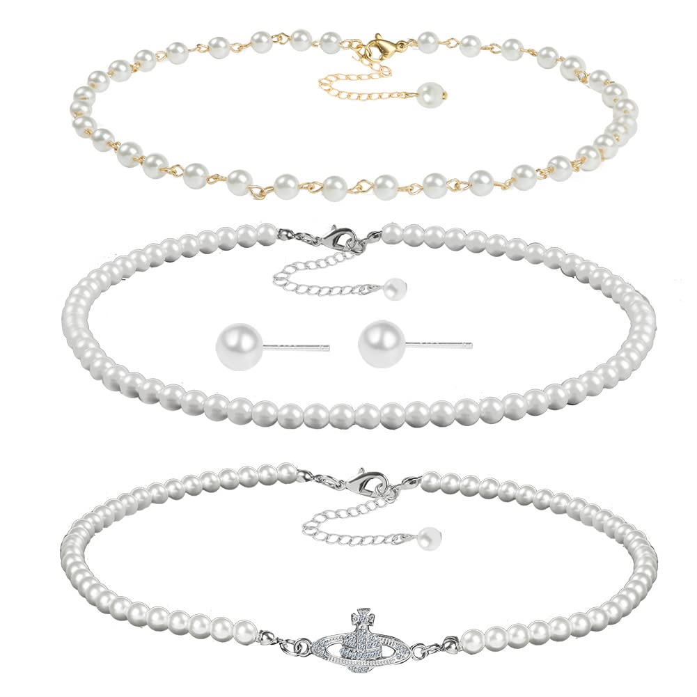 6mm Pearl Necklace Set for Women - Gold Choker & Saturn Chain, Elegant Pearl Collar for Party & Wedding