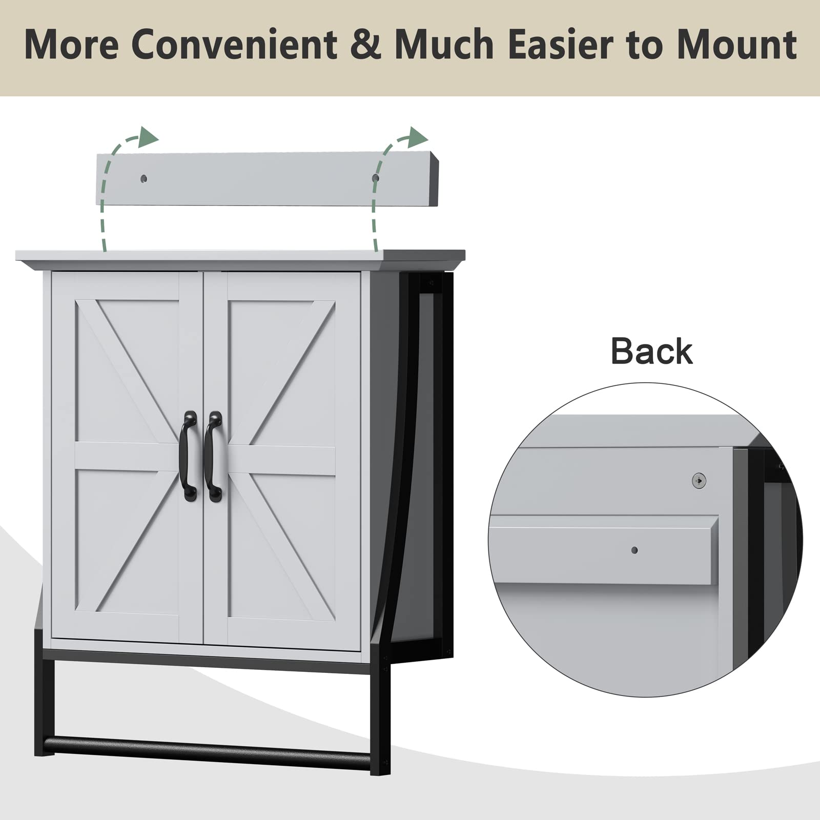 Wall Mounted Bathroom Cabinet with 2 Barn Doors & Towel Bar - Over Toilet Storage Organizer, Medicine Cabinet for Bathroom (Gray) | Perfect for Small Bathrooms, Apartment Storage & Space Saving Solutions