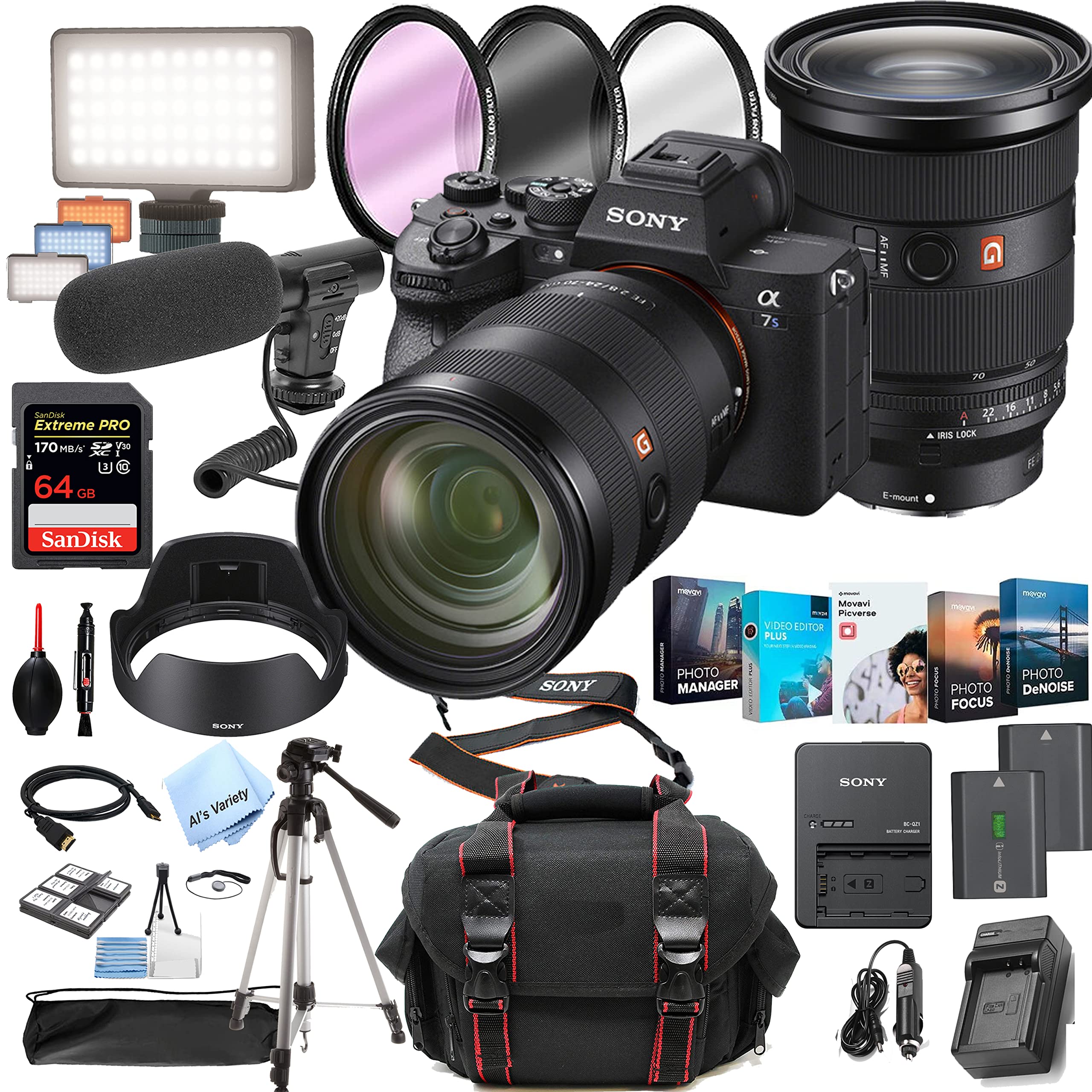 Sony a7S III Full Frame Mirrorless Camera with 24-70mm f/2.8 Lens Kit - Professional 4K Video & Photography Bundle Includes LED Light, 64GB SD Card, Filters, Case, Tripod (38PC Complete Set) - Perfect for Vlogging, Wedding Filming & Low Light Shooting