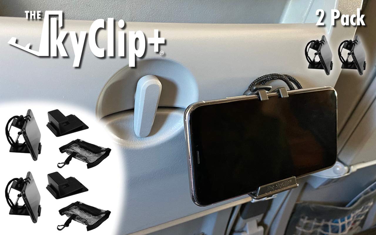 SkyClip+ Universal Phone & Tablet Holder for Airplane, Home & Office - Adjustable Inflight Phone Mount Stand Compatible with iPhone, Android, Kindle & iPad - Travel & Work Accessory (2 Pack, Black) - Perfect for Watching Movies, Video Calls & Hands-Free Reading