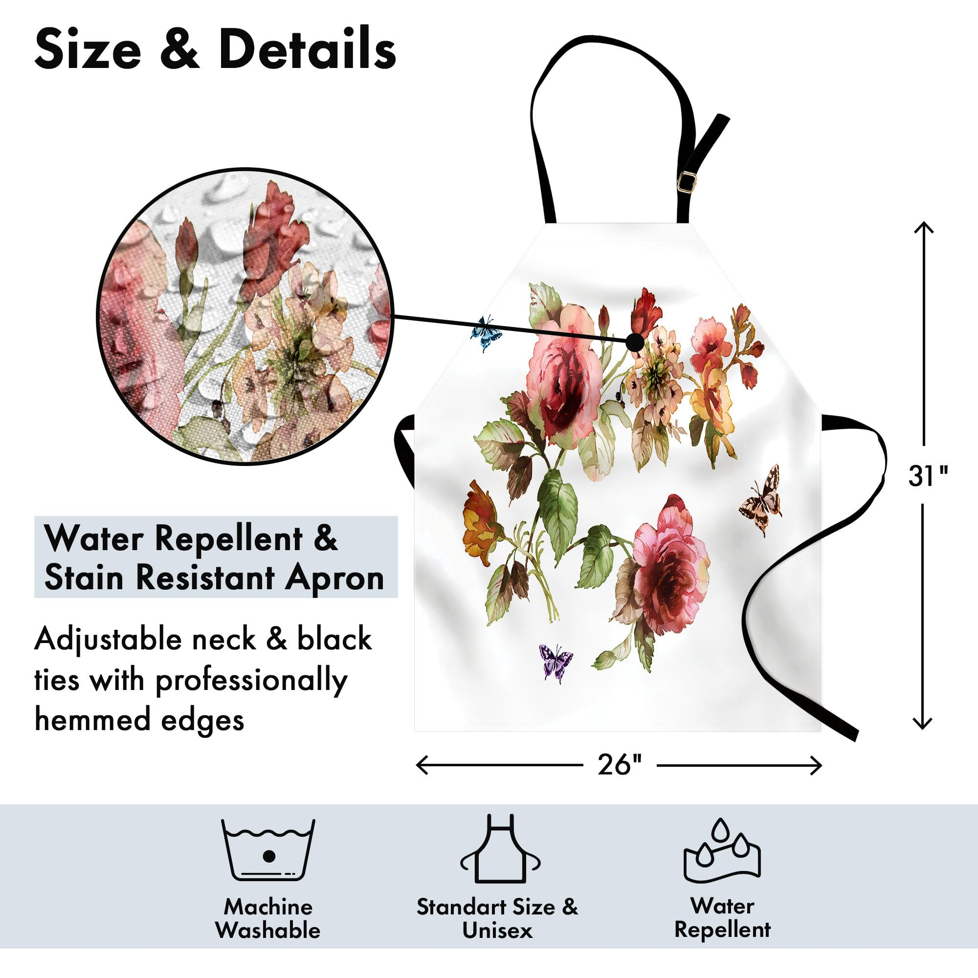 Ambesonne Floral Apron - Shabby Chic Roses, Buds, Leaves & Tulips with Butterfly Print - Adjustable Unisex Kitchen Bib Apron for Cooking, Baking, Gardening - Eco-Friendly Multicolor Design - Perfect for Home Chefs, Bakers & Garden Enthusiasts
