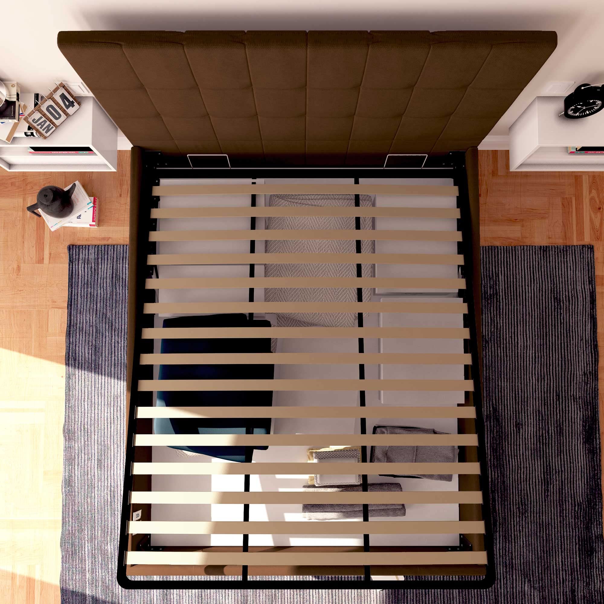 Baldiflex Dublin Fabric Double Bed Frame with Slatted Base, Storage Drawer, Elegant Brown Headboard - 160x200cm, Perfect for Guest Rooms & Small Spaces