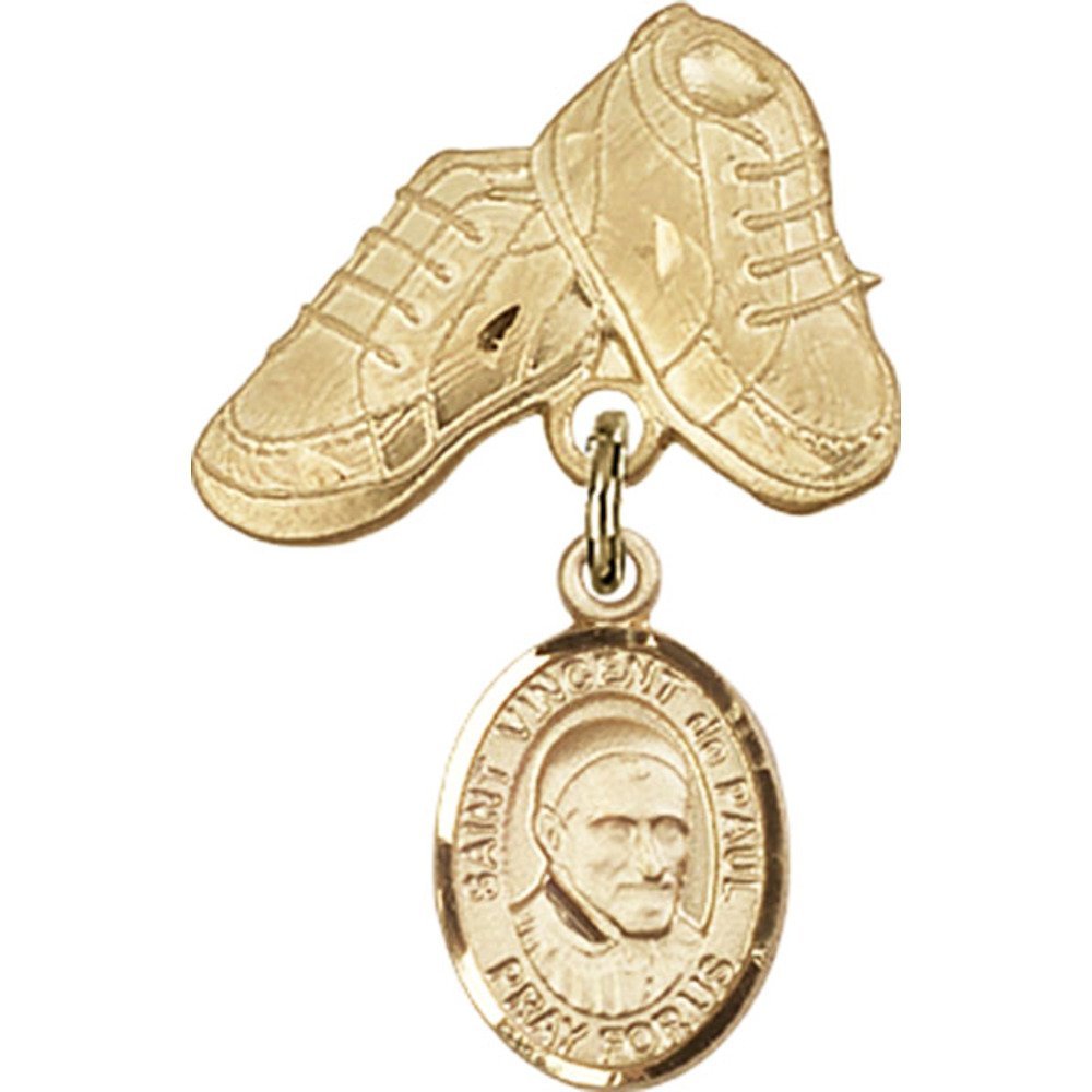 Gold Filled Baby Badge with St. Vincent de Paul Charm & Baby Boots Pin - 1 X 5/8 Inch Religious Jewelry for Christening, Baptism & First Communion Gifts