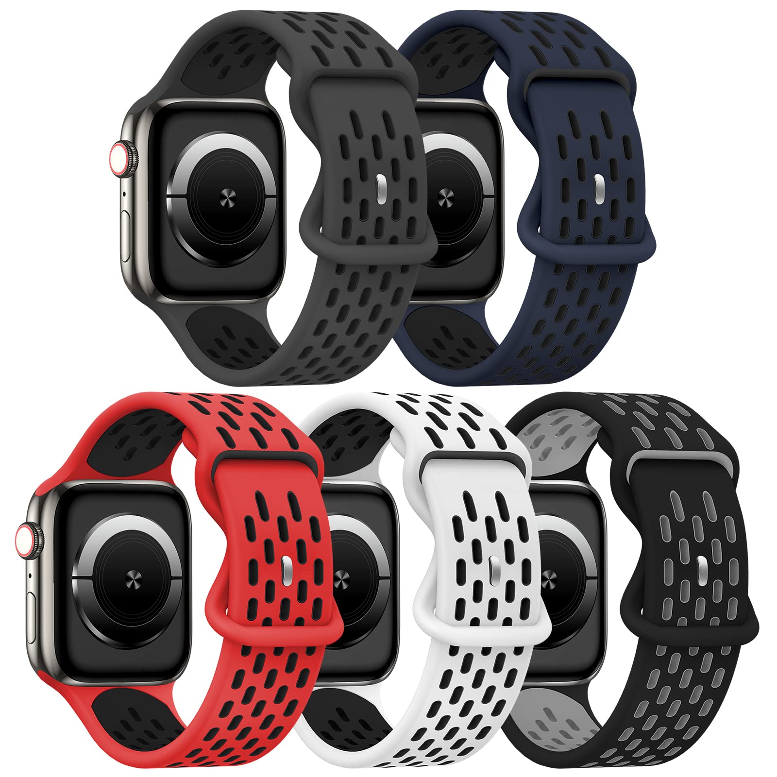 5 Pack Sport Silicone Bands for Apple Watch - Compatible with 38mm/40mm/41mm/42mm/44mm/45mm/49mm - Breathable Replacement Strap for iWatch Ultra Series 8/7/SE/6/5/4/3/2/1 - Perfect for Running, Gym & Daily Wear (Men & Women)