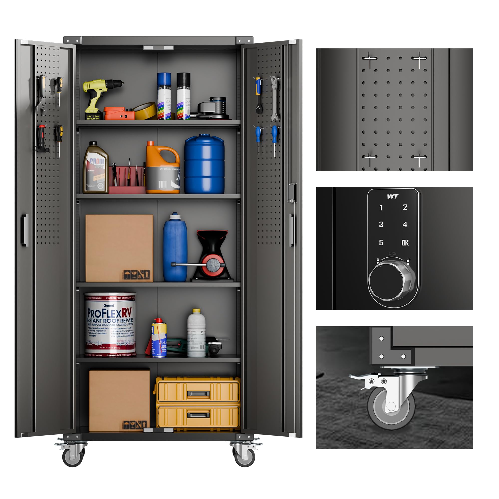 Aobabo 72 Inch Heavy Duty Metal Storage Cabinet with Wheels & Digital Lock - 2 Pegboards & 4 Adjustable Shelves for Garage Organization - Black Rolling Utility Cabinet (Assembly Required) - Perfect for Workshop, Basement & Home Storage Solutions