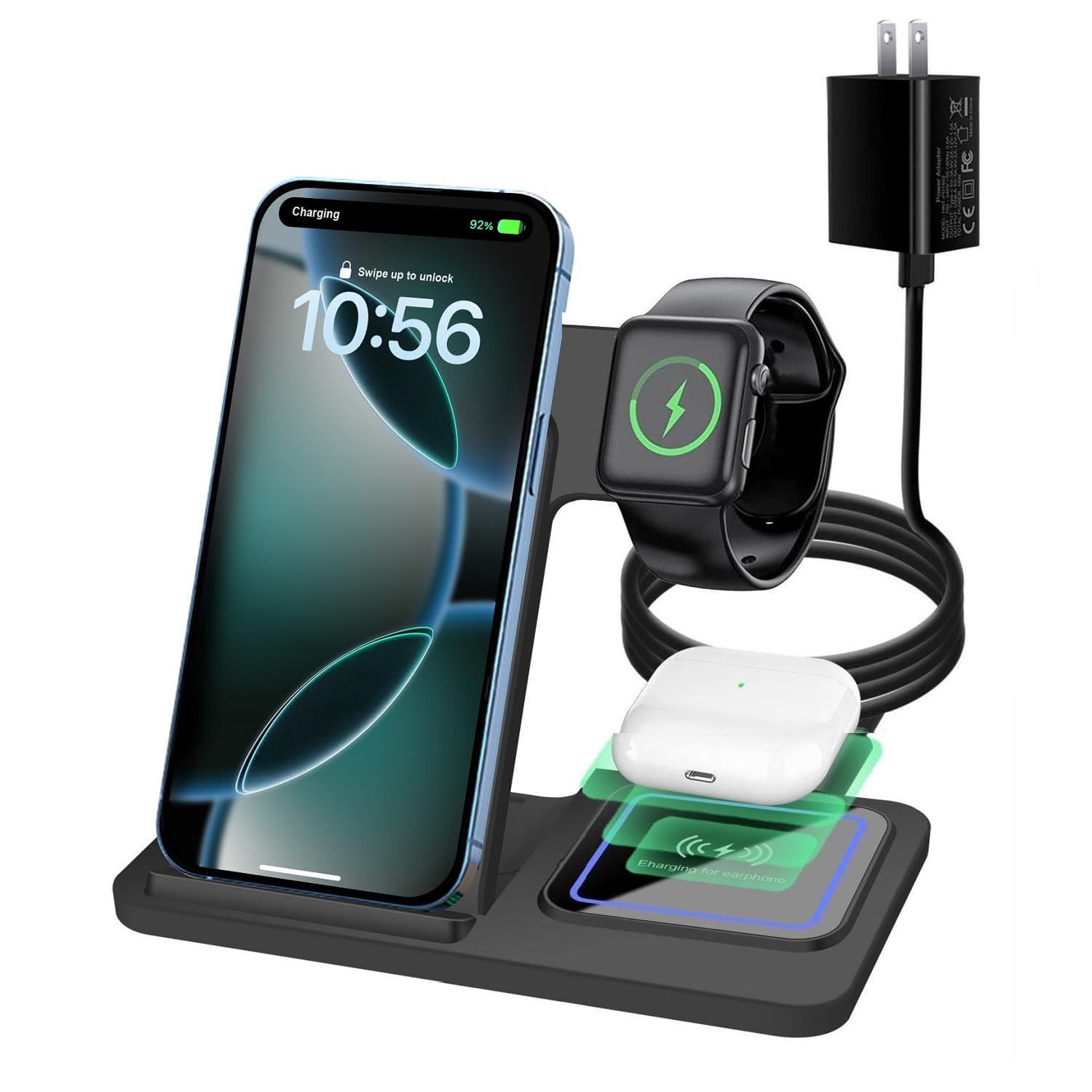 3-in-1 Wireless Charging Station Stand - 15W Fast Charger for iPhone 16/15/14/13/12/11 Pro Max, XS/XR/8 Plus, AirPods & Apple Watch Series 10-3/Ultra 2 | Multi-Device Charging Dock for Home, Office & Nightstand Use