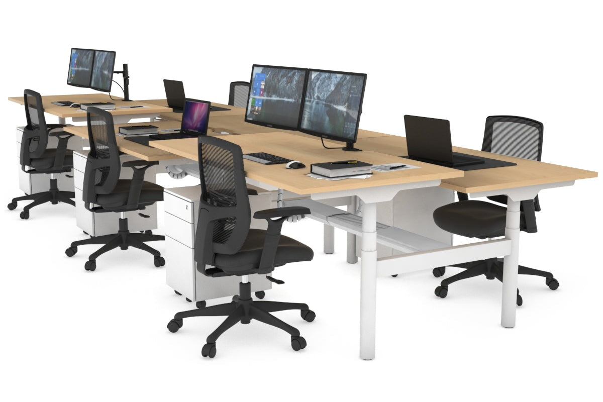 Flexi Premium Height Adjustable 6-Person H Bench Workstation - White Frame [1800L x 800W with Cable Management] - Ideal for Office, Coworking Spaces & Collaborative Work Environments