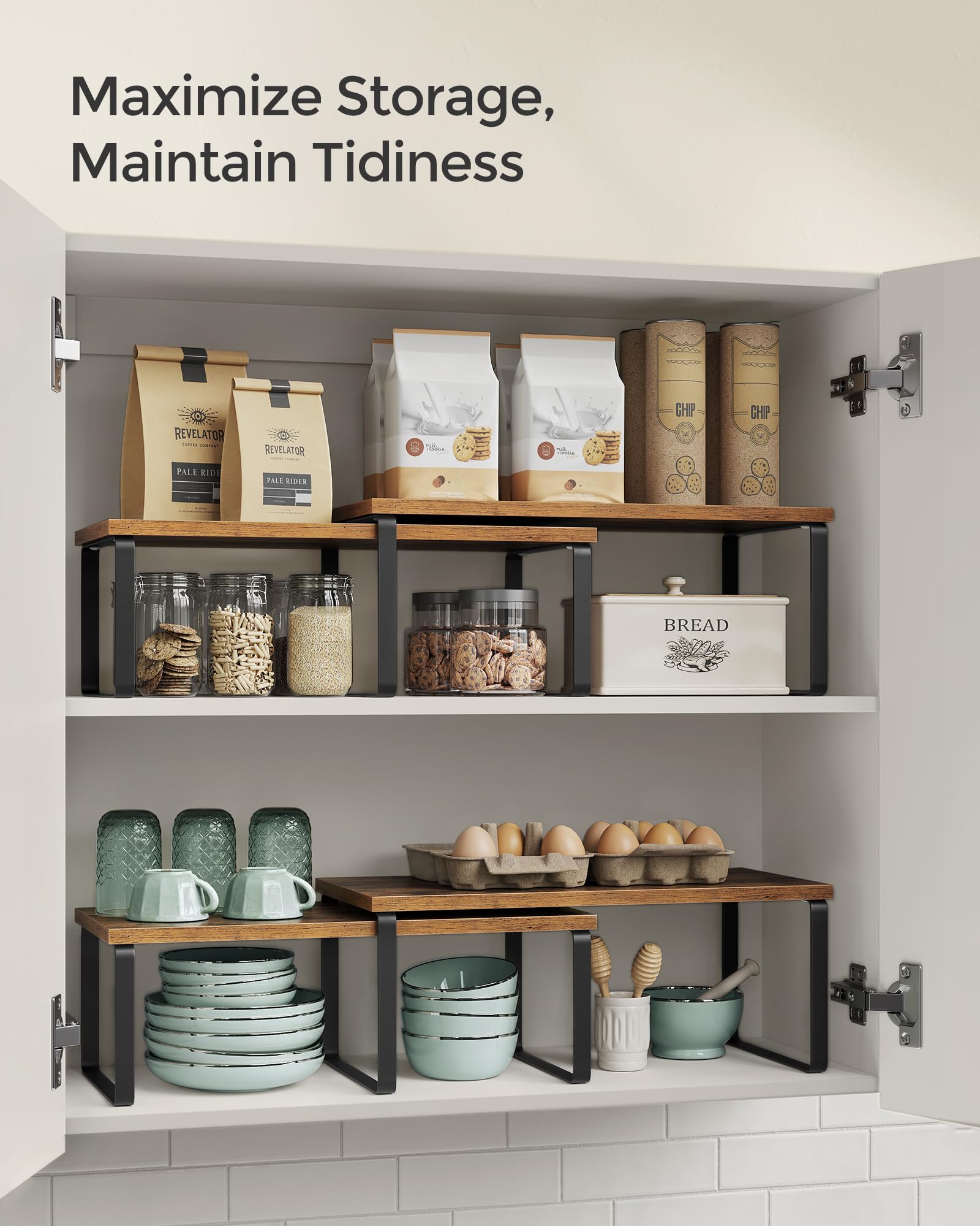 SONGMICS 2-Pack Stackable Expandable Cabinet Organizer Shelf - Metal & Engineered Wood Kitchen Storage Spice Rack in Ink Black & Rustic Brown for Pantry, Bathroom, Garage Organization UKCS200X01