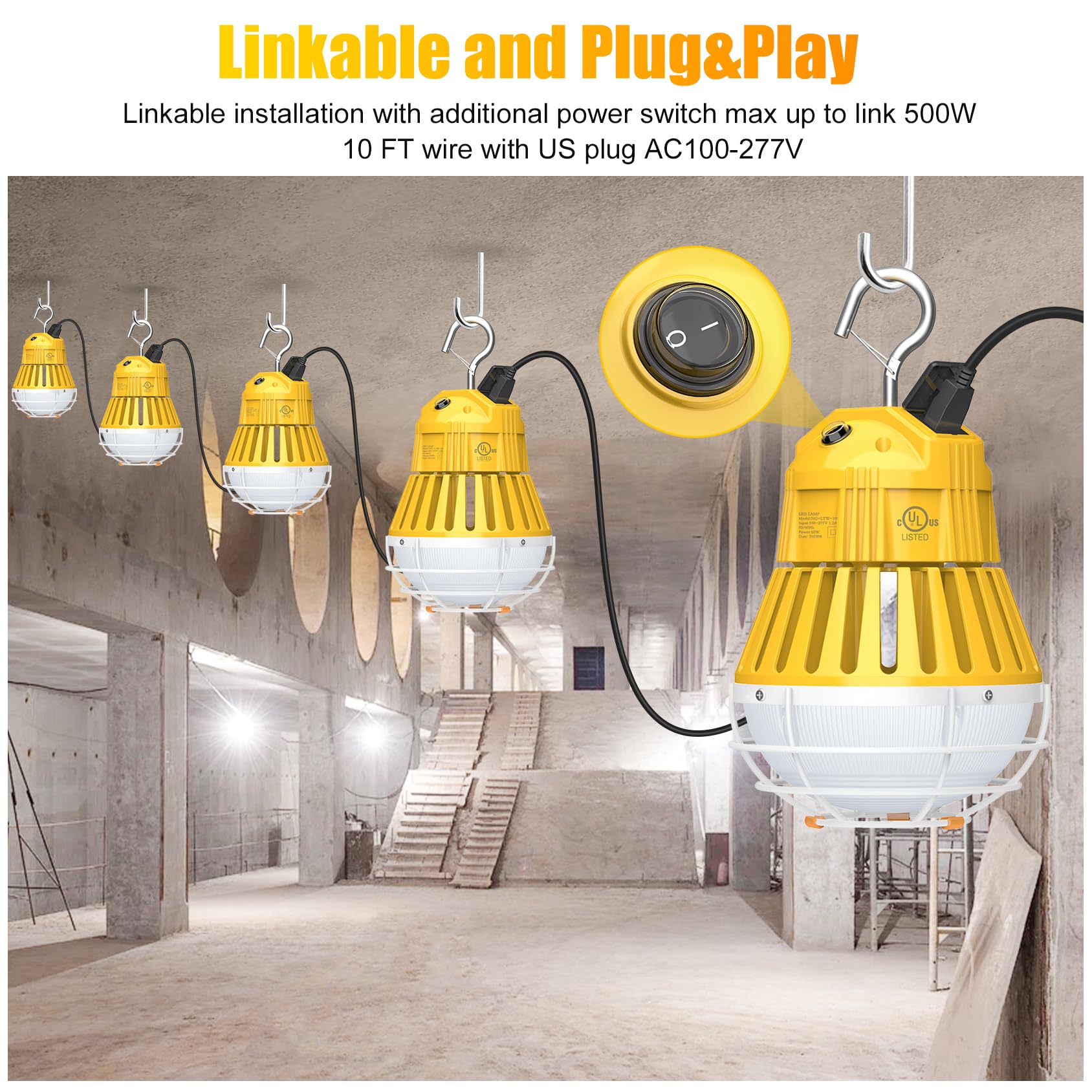 60W LED Work Light 5000K Daylight White 8400LM - Linkable Construction Lighting with Steel Hook, Plug & Play for Warehouse, Garage, Tunnel, Mine - Durable Hanging Job Site Light AC 120V - Perfect for Construction, Emergency Lighting, and Outdoor Work Areas