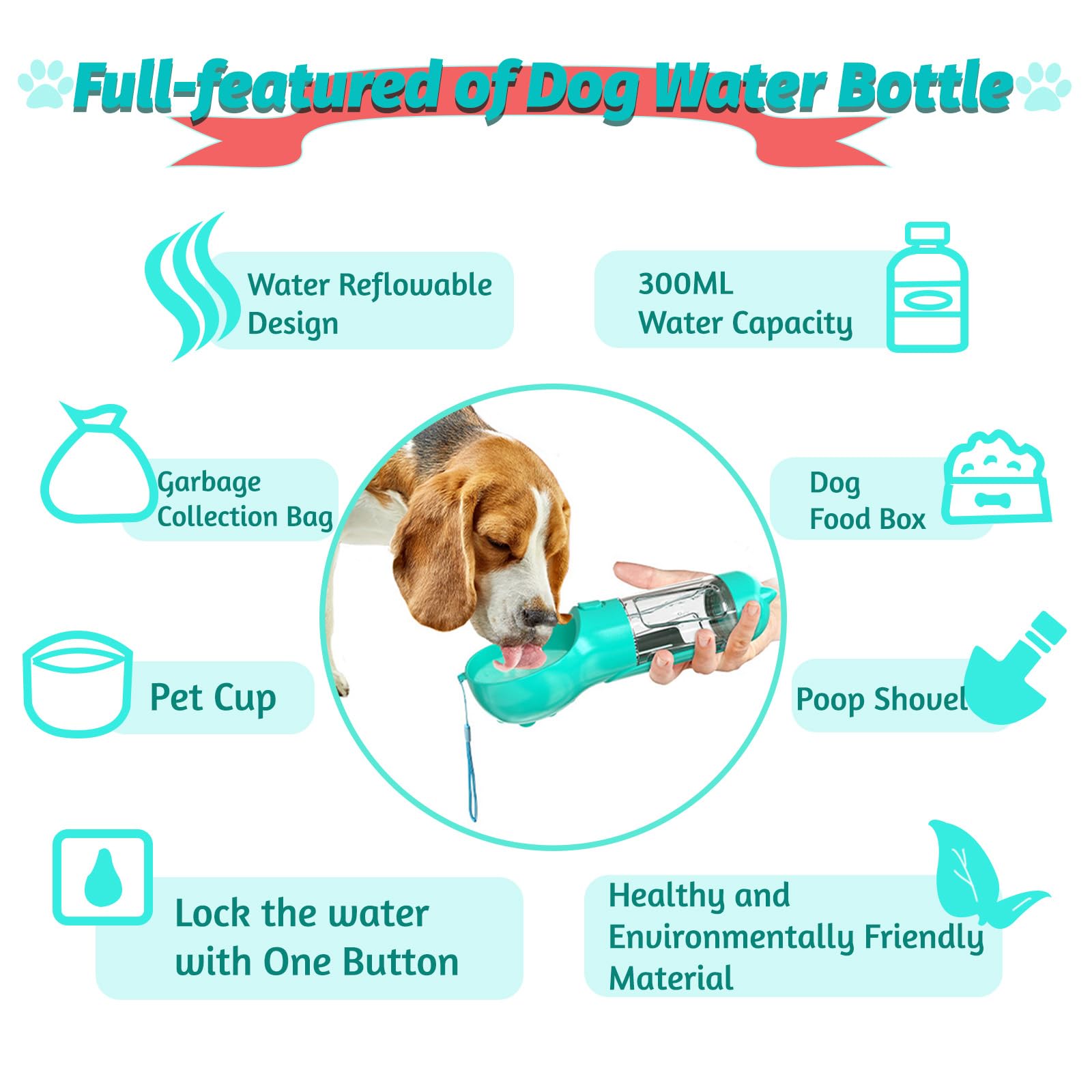 Portable Dog Water Bottle with Feeder and Collapsible Bowl - 12.1oz Leak Proof Travel Water Dispenser for Dogs - Includes Waste Bag Holder & Poop Bags - Perfect for Hiking, Camping, and Outdoor Adventures (Lake Blue)