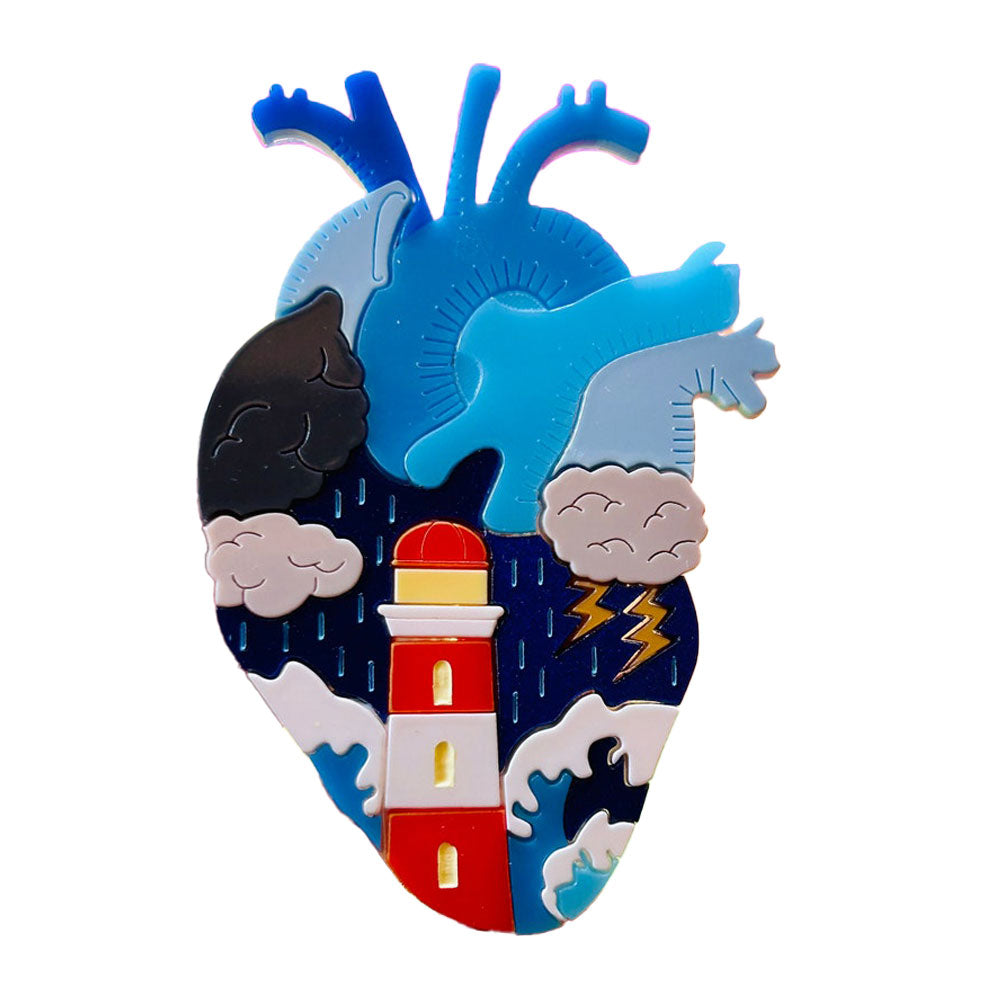 Stormy Heart Nautical Aesthetic Acrylic Brooch - Anatomical Hearts Collection by Makokot Design | Unique Handmade Pin for Jackets, Bags & Accessories