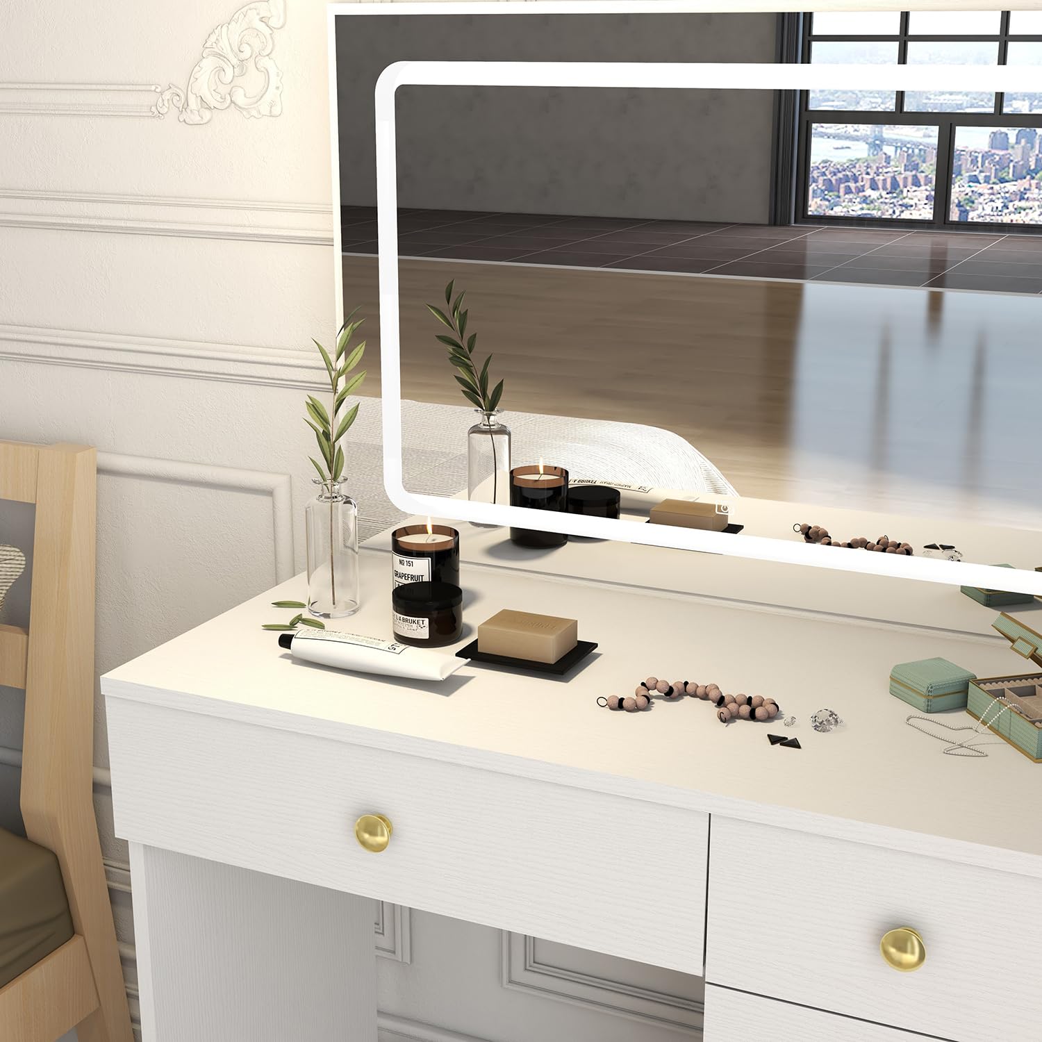 Lighted Makeup Vanity Set with Large Mirror, 5 Drawers & Power Outlet - Adjustable 3-Color Lighting Dressing Table for Women & Girls (White) | Perfect for Bedroom, Salon & Home Beauty Station