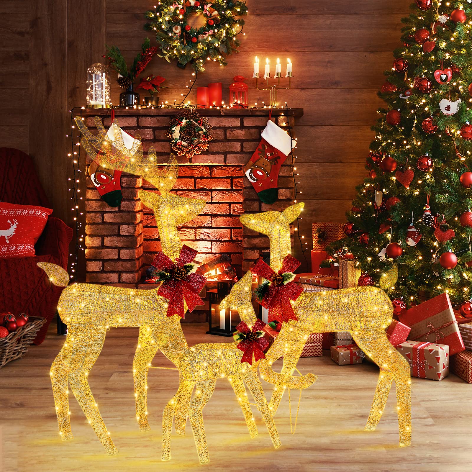 VINGLI Pre-lit Christmas Reindeer Decorations - 270 LED Outdoor Lighted Deer Family Set of 3 (Gold) | Weatherproof Holiday Yard Decor for Home, Garden, and Indoor Christmas Displays