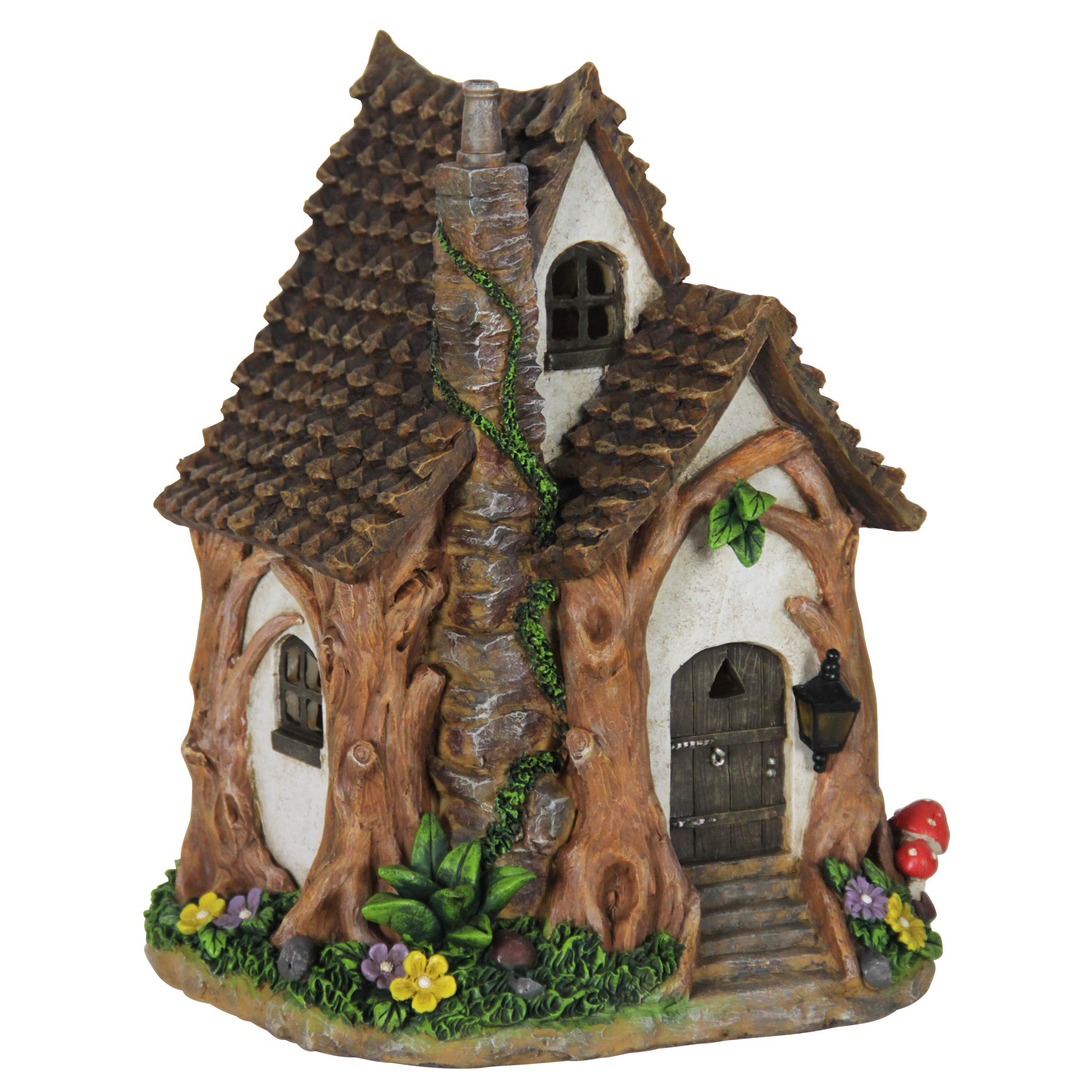Exhart Solar-Powered Fairy Garden Sculpture - LED Illuminated Tree Trunk Fairy House, Weather-Resistant Resin Outdoor Decor for Lawn, Yard & Patio (8.5 x 9.5 x 11.5 Inch) - Perfect for Garden Pathways, Flower Beds & Magical Nighttime Displays