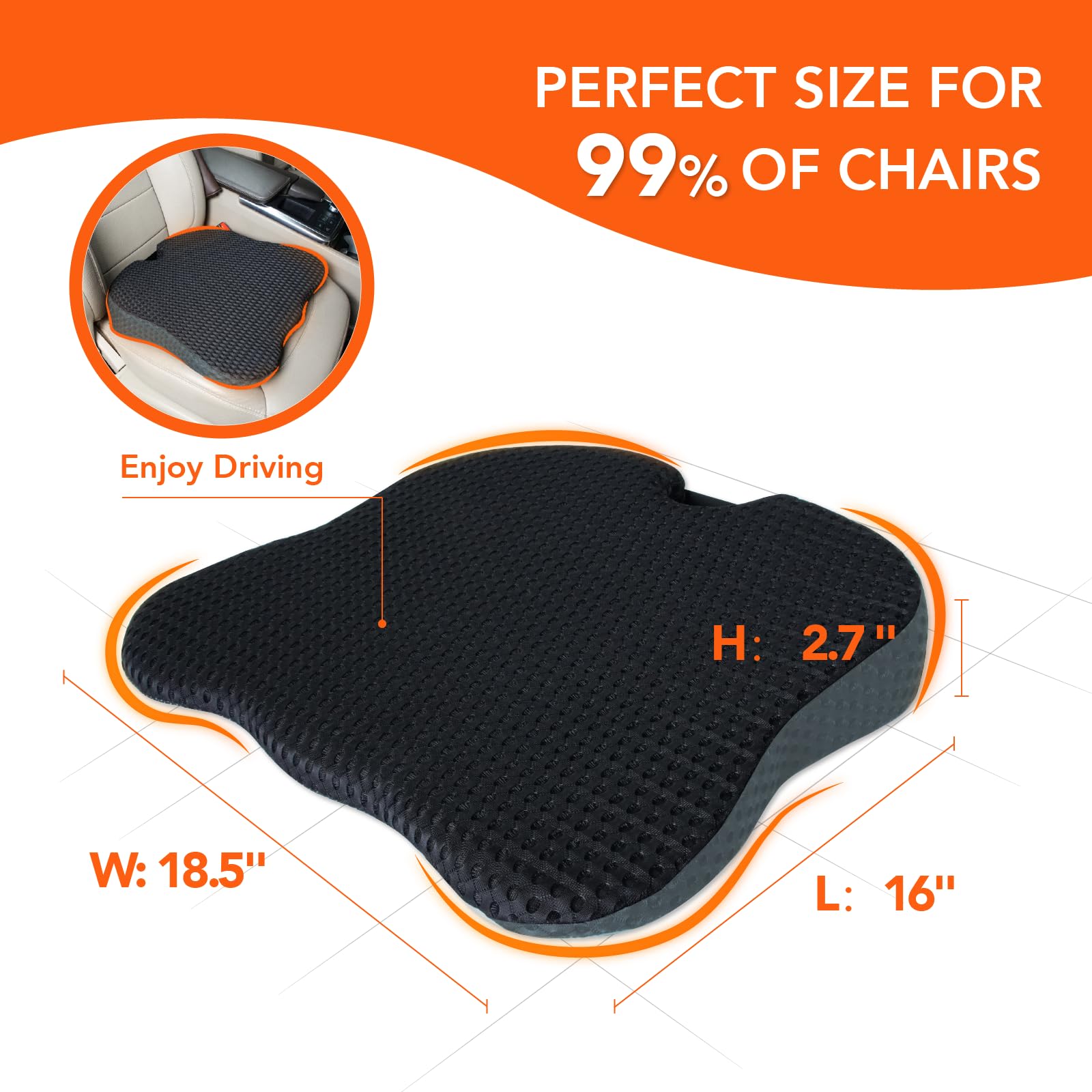 Premium Memory Foam Car Seat Cushion - Ergonomic Support for Long Drives, Back Pain Relief - Comfortable Gray Auto Cushion for Office Chair, Truck, Commuting & Road Trips