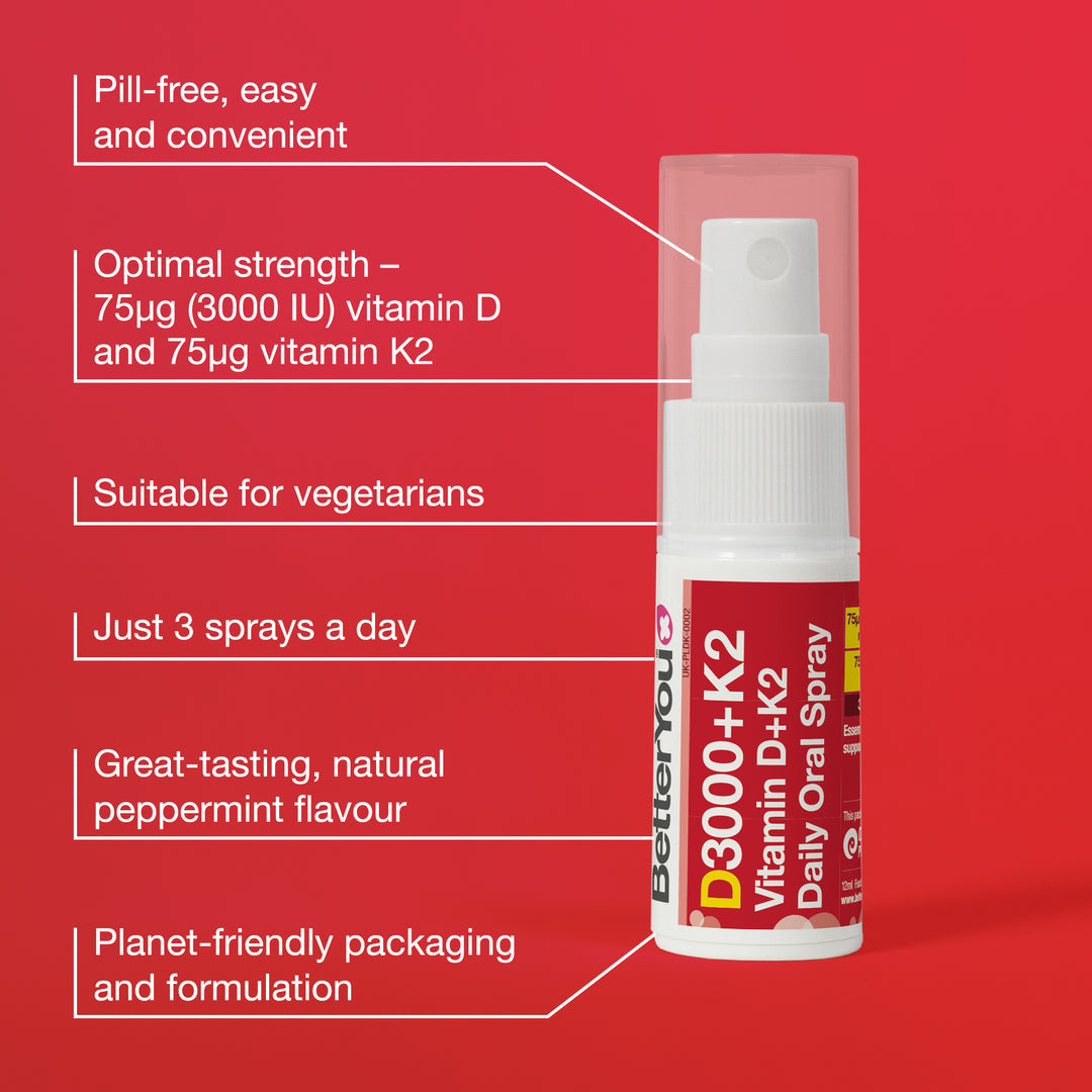 BetterYou Vitamin D3 3000 IU + K2 Oral Spray - Fast Absorption Immune & Bone Support Supplement - Easy-to-Use for Home, Travel & Daily Wellness Routine