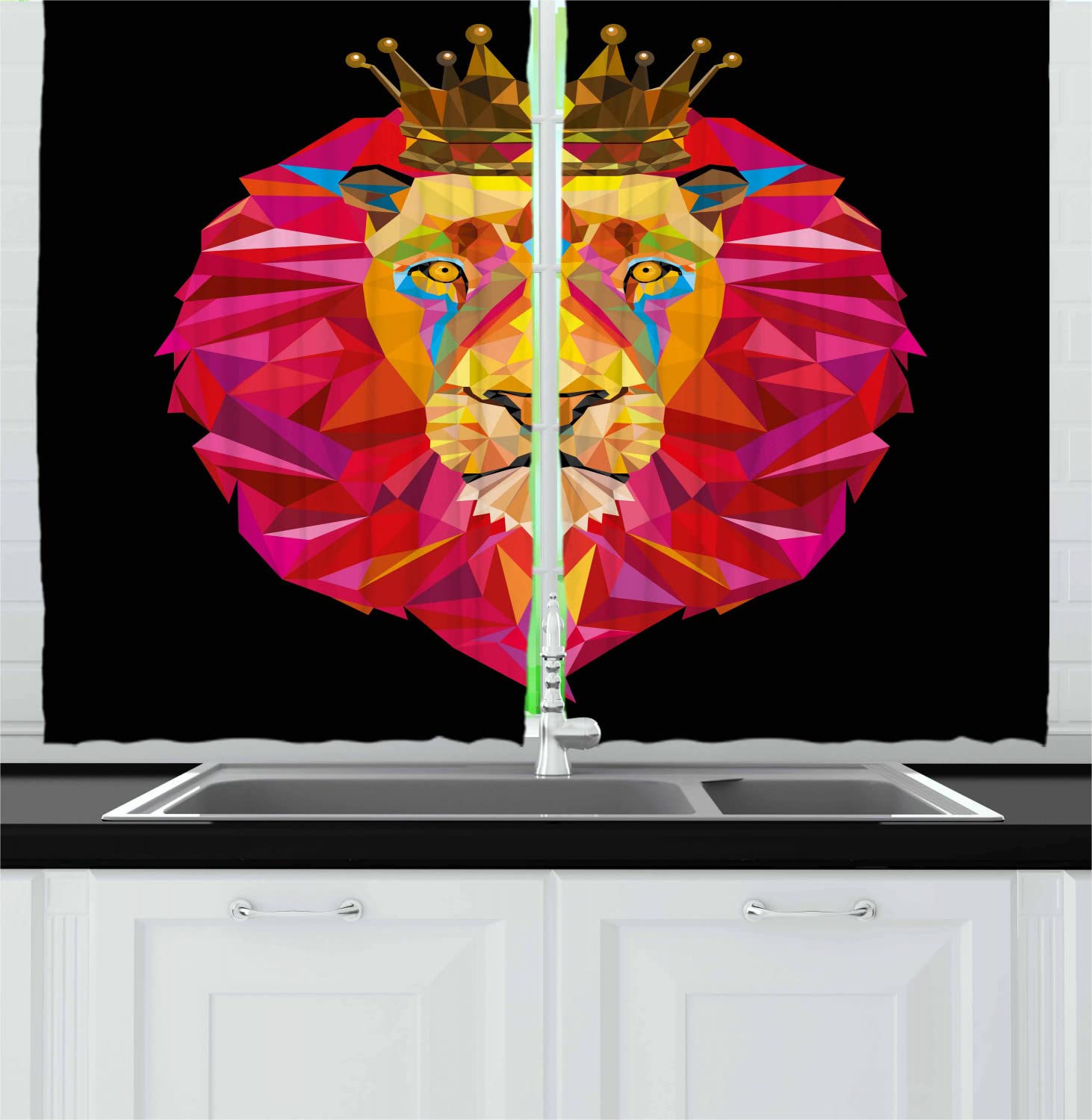 Lunarable Lion Geometric Kitchen Curtains - Polygonal Jungle King Crown Design, 2 Panel Set with Rod Pocket, 55